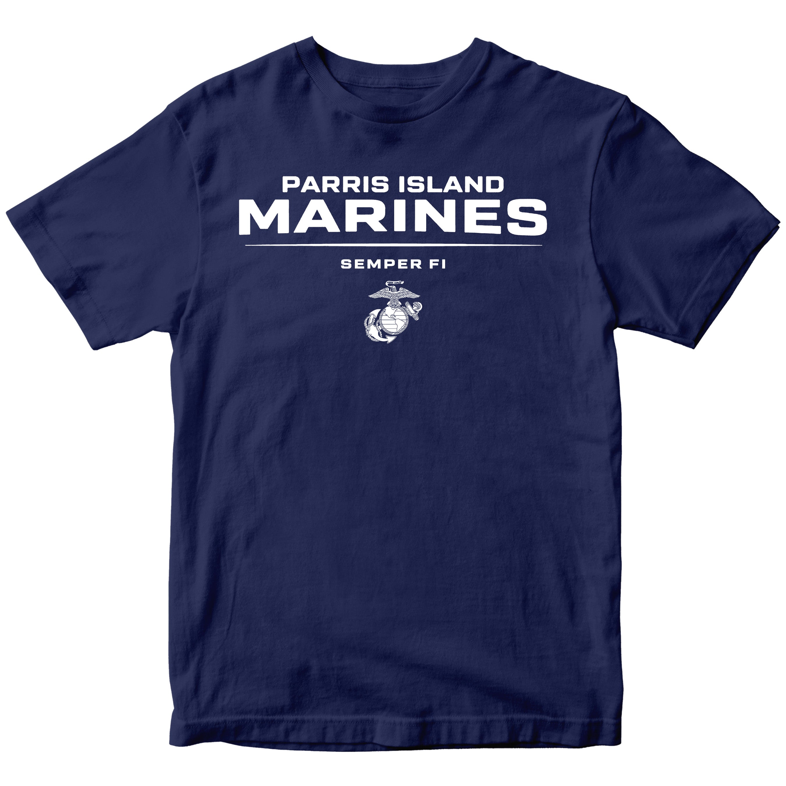 Navy Blue Parris Island Marines T-shirt with Eagle Globe and Anchor Marine Corps design. United States Marine Corps  Parris Island Tee