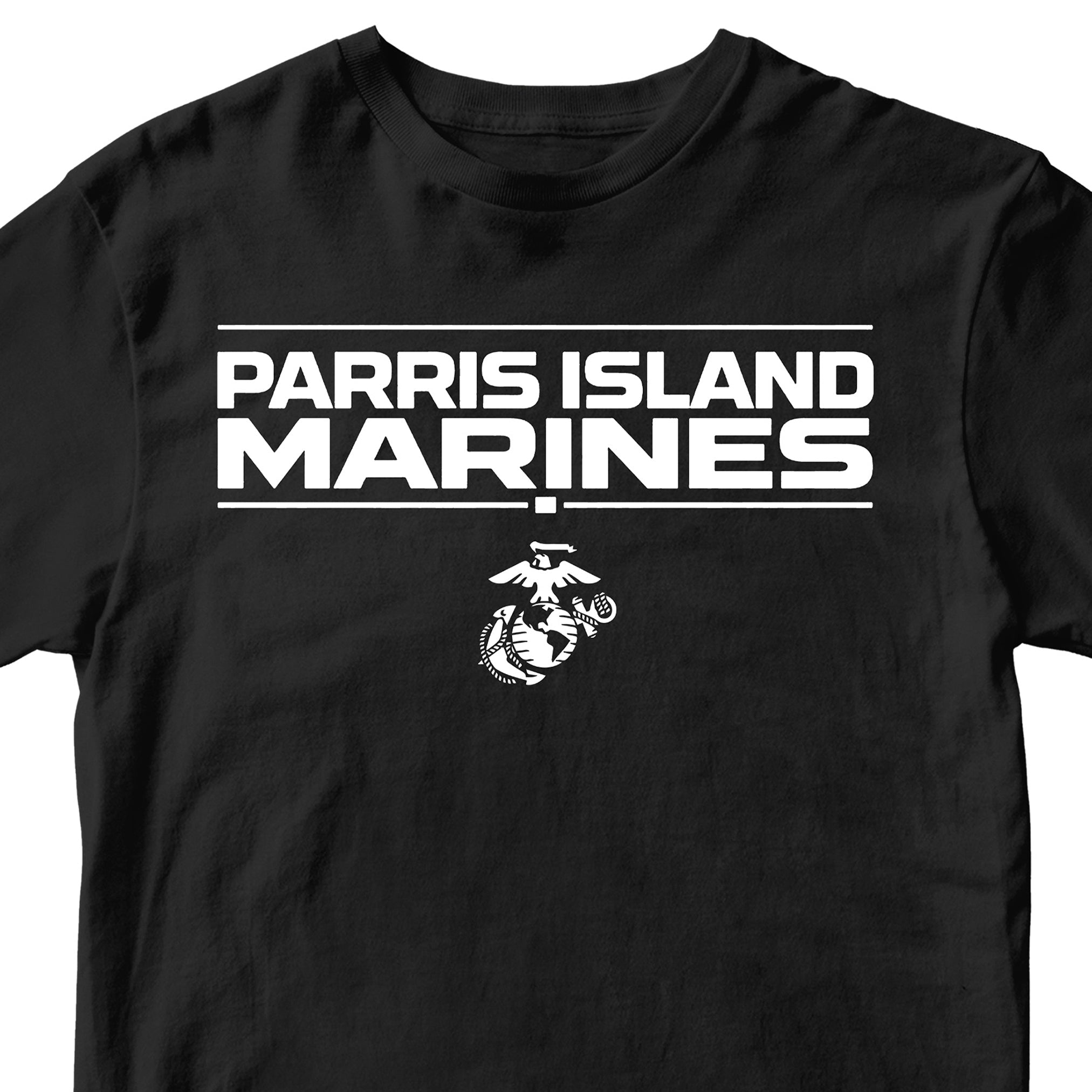 Black MCRD Parris Island Marines T-shirt with Eagle Globe and Anchor Marine Corps design. United States Marine Corps  Parris Island Tee