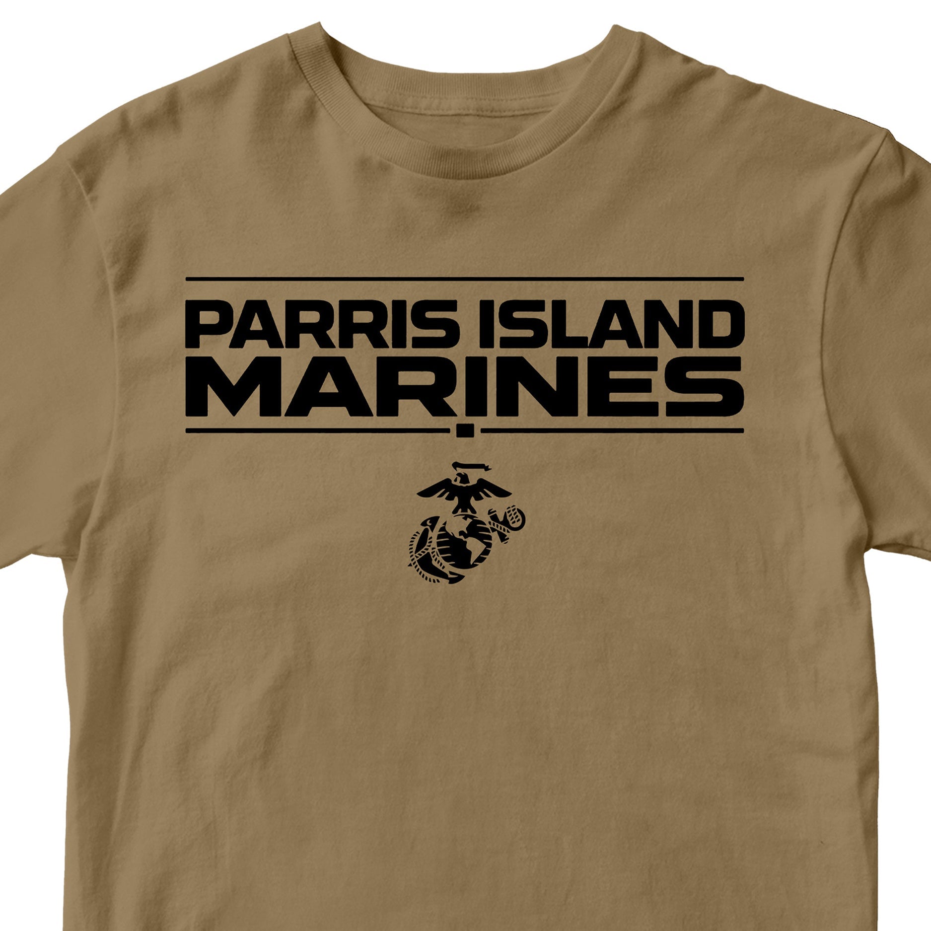Brown MCRD Parris Island Marines T-shirt with Eagle Globe and Anchor Marine Corps design. United States Marine Corps  Parris Island Tee