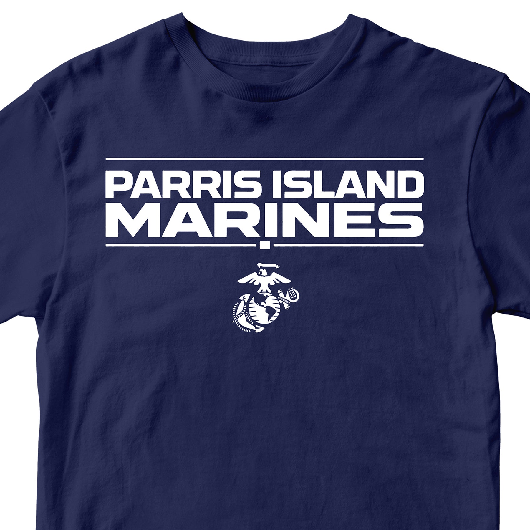 Navy MCRD Parris Island Marines T-shirt with Eagle Globe and Anchor Marine Corps design. United States Marine Corps  Parris Island Tee