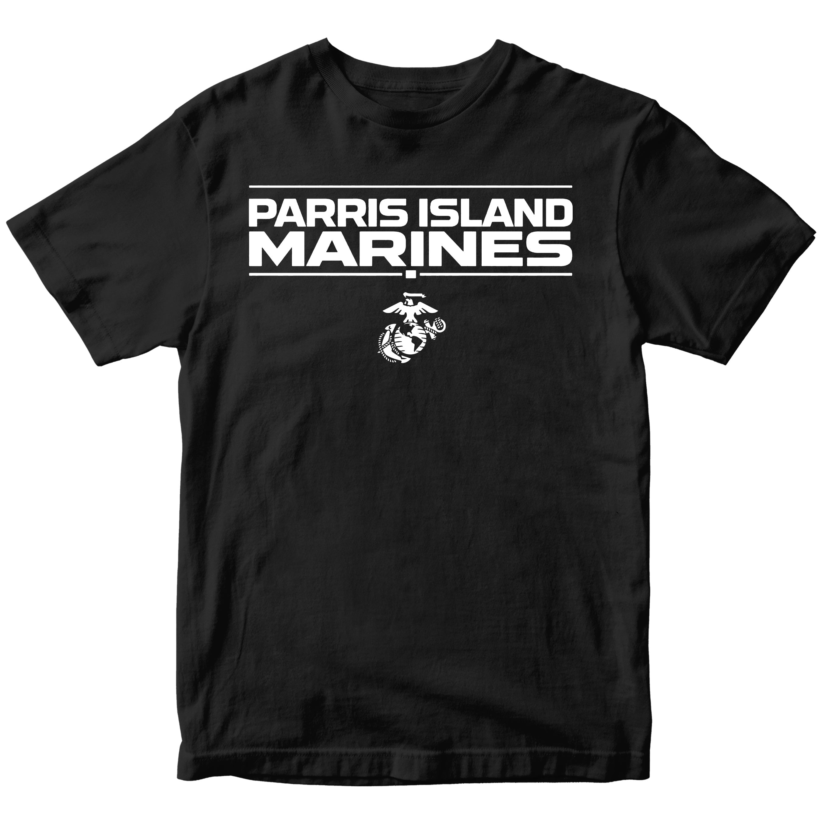Black MCRD Parris Island Marines T-shirt with Eagle Globe and Anchor Marine Corps design. United States Marine Corps  Parris Island Tee