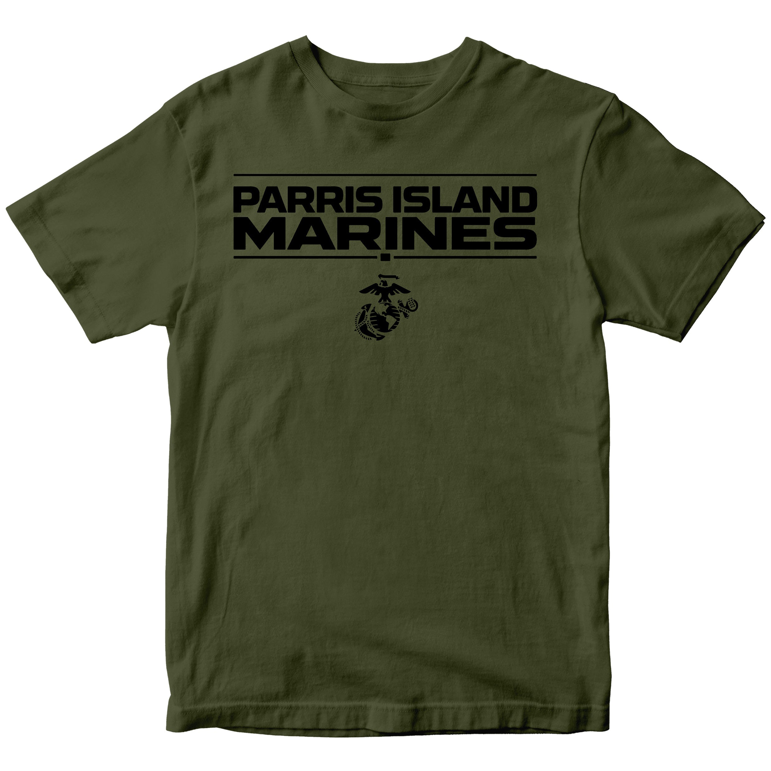 Green MCRD Parris Island Marines T-shirt with Eagle Globe and Anchor Marine Corps design. United States Marine Corps  Parris Island Tee