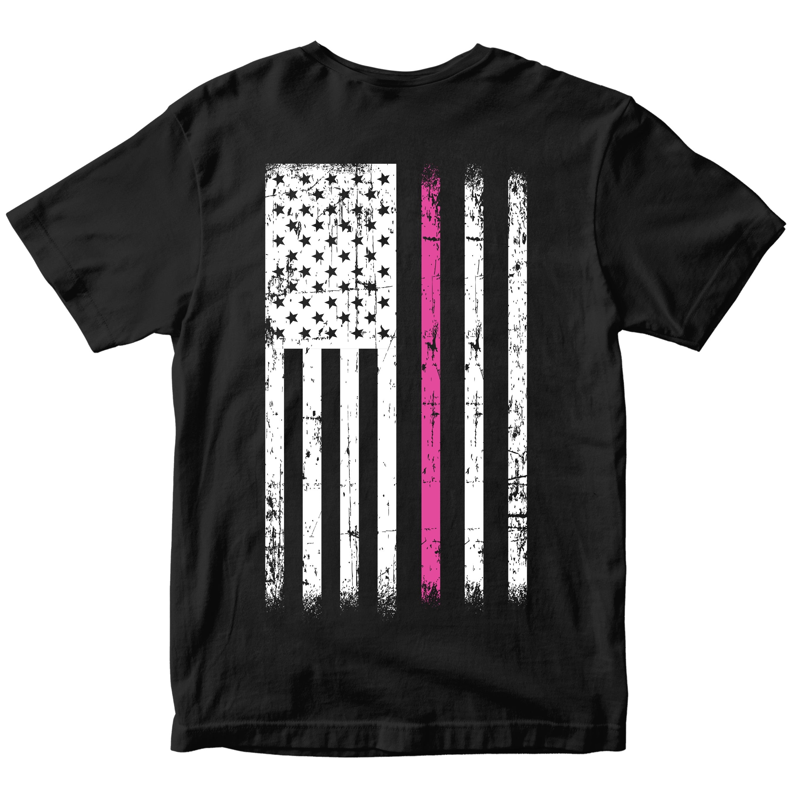 BLACK Cancer Awareness T-Shirt. Patriotic Pink Cancer Flag Tee