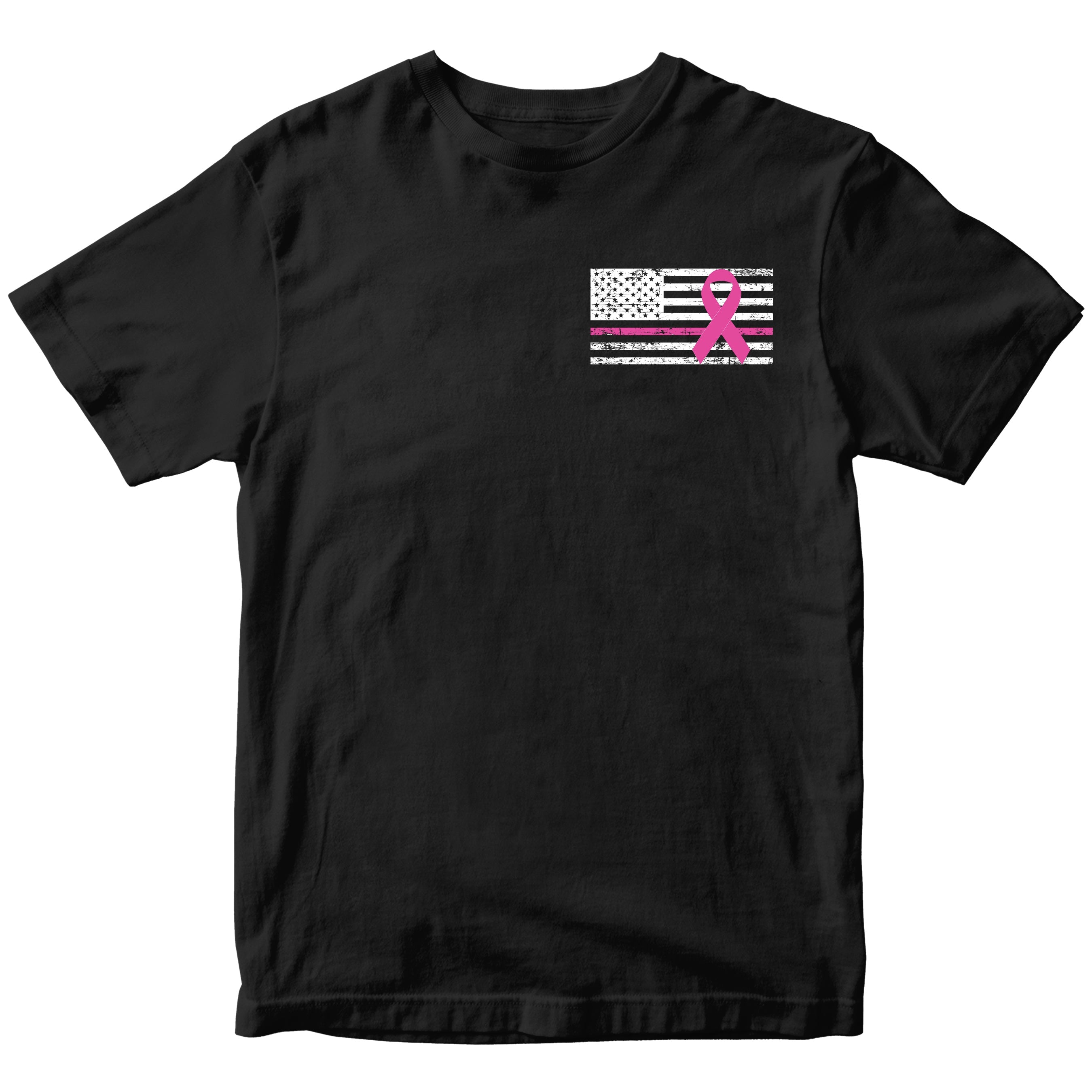 BLACK Cancer Awareness T-Shirt. Patriotic Pink Cancer Flag Tee