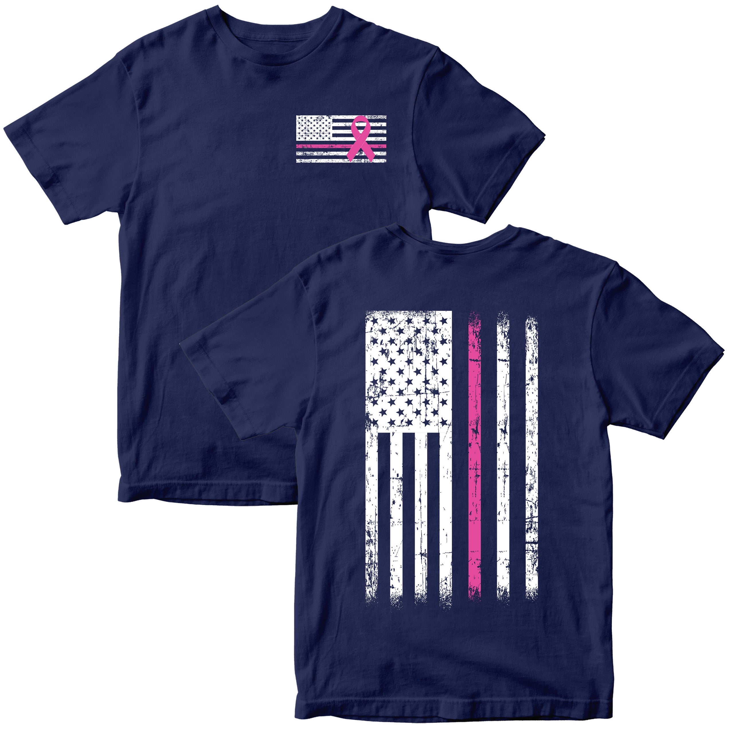 Navy Cancer Awareness T-Shirt. Patriotic Pink Cancer Flag Tee