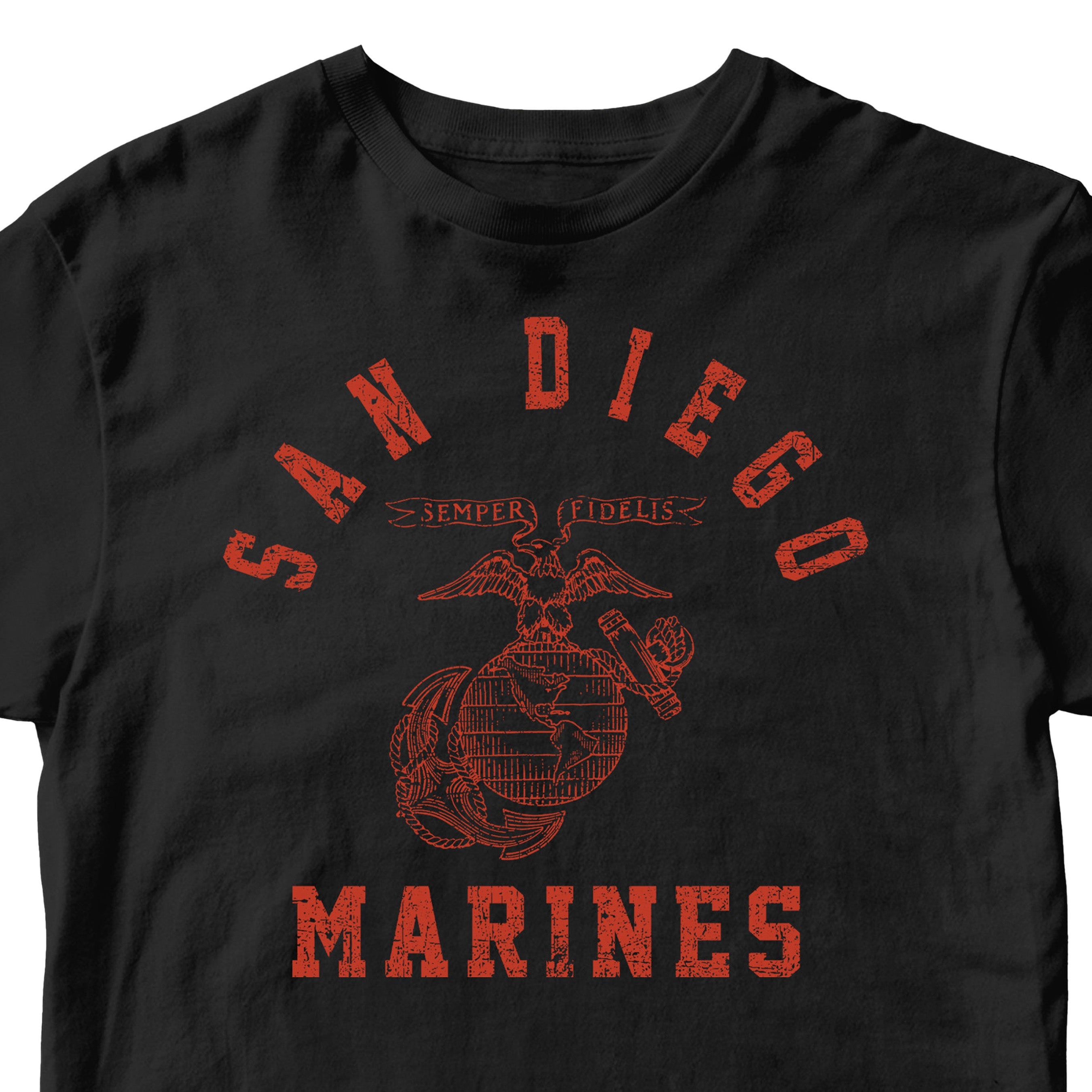 USMC Black t-shirt with distressed red print featuring 'San Diego' arched above the Eagle, Globe, and Anchor emblem, and 'Marines' text below—designed in the style of vintage Marine Corps training shirts from MCRD San Diego.
