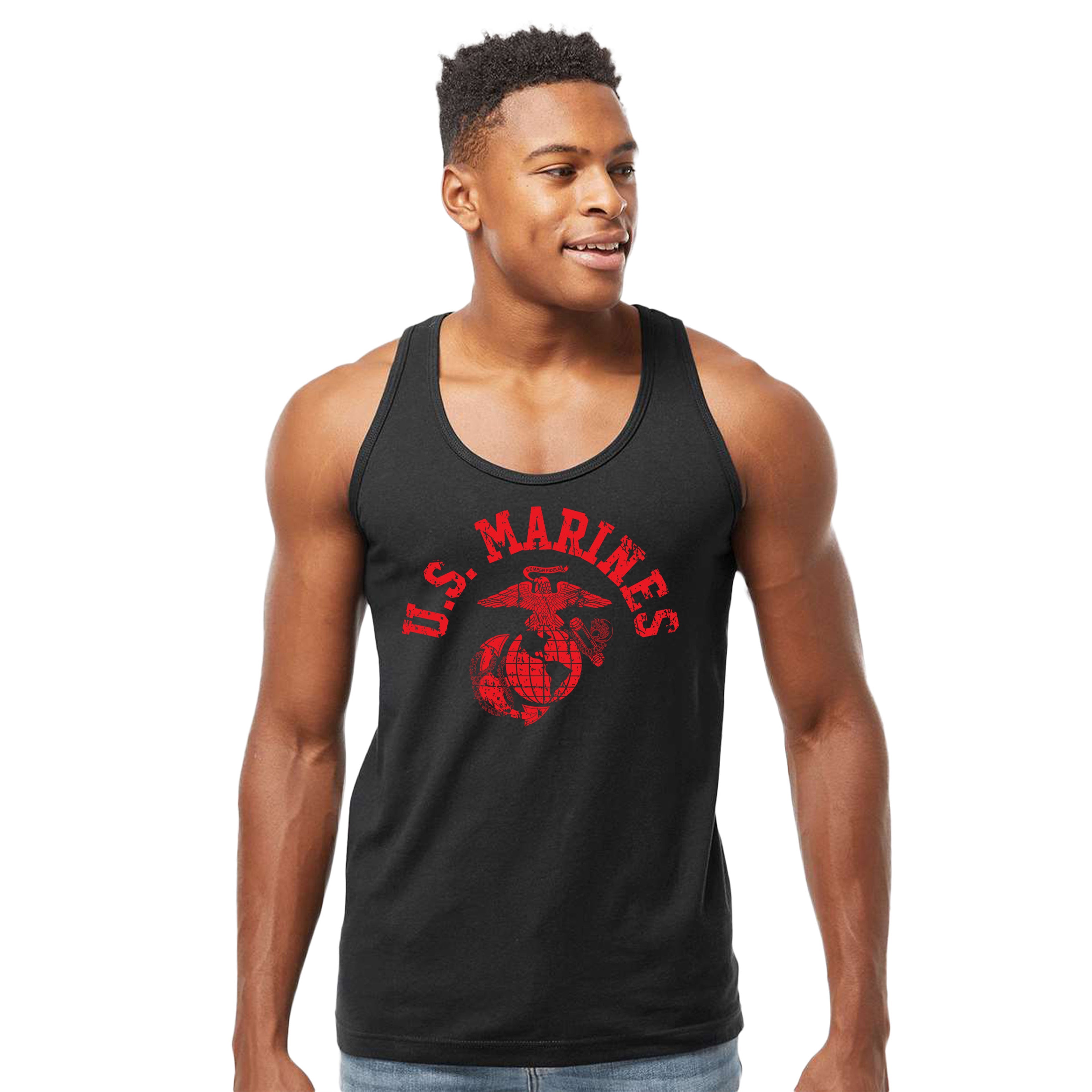Men’s USMC tank top with bold red distressed 'U.S. MARINES' text and Eagle, Globe, and Anchor emblem on chest, vintage military workout tank.