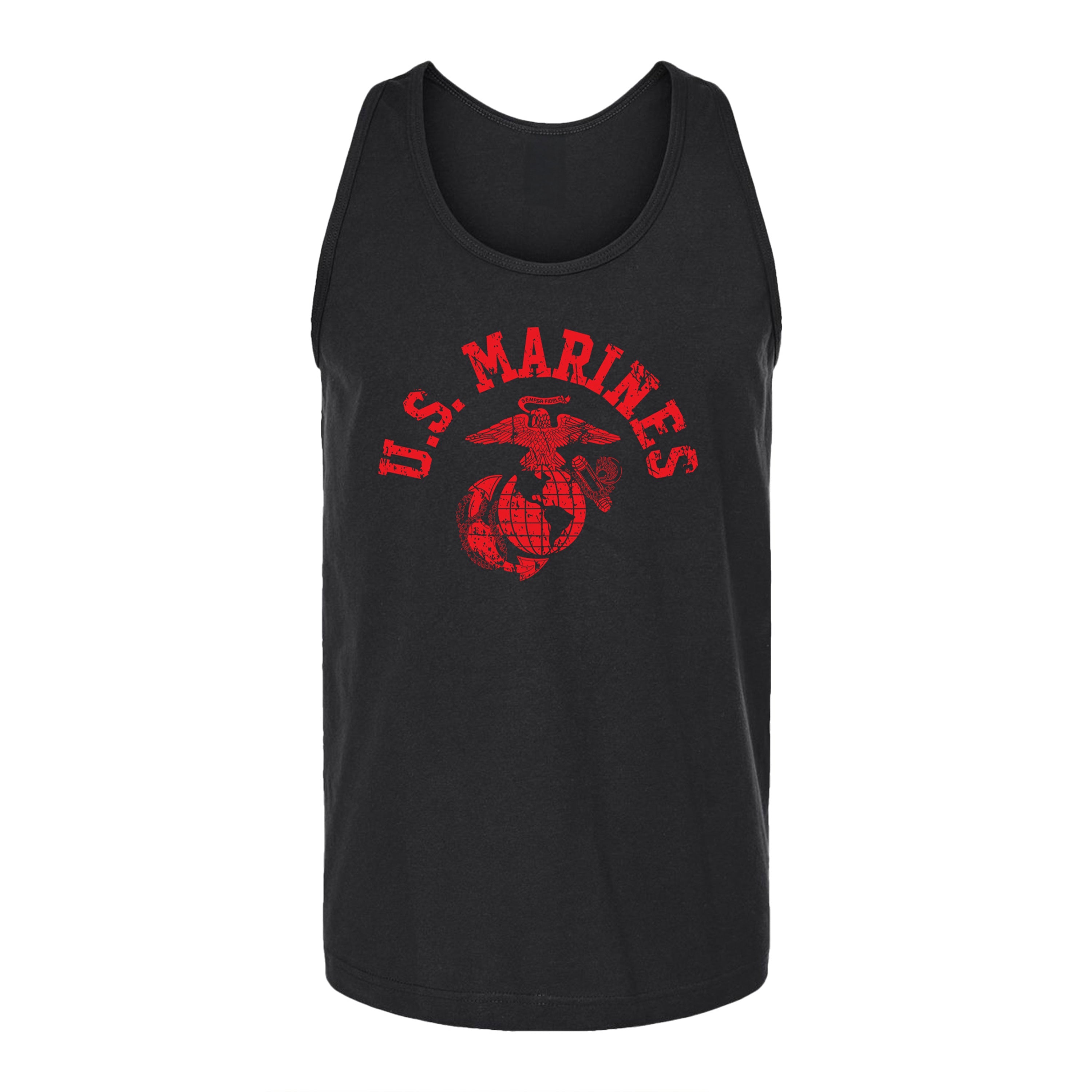 Men’s USMC tank top with bold red distressed 'U.S. MARINES' text and Eagle, Globe, and Anchor emblem on chest, vintage military workout tank.