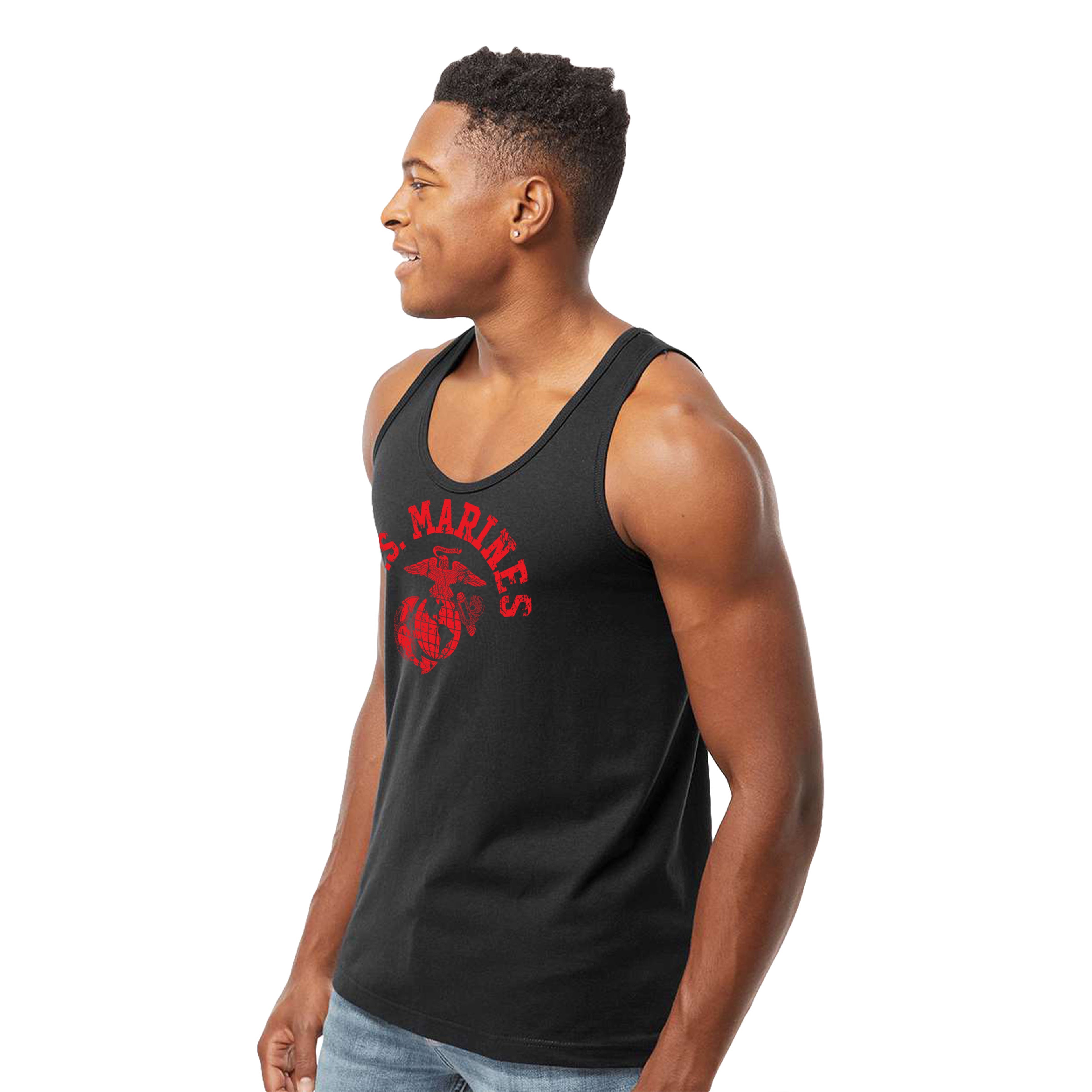 Men’s USMC tank top with bold red distressed 'U.S. MARINES' text and Eagle, Globe, and Anchor emblem on chest, vintage military workout tank.