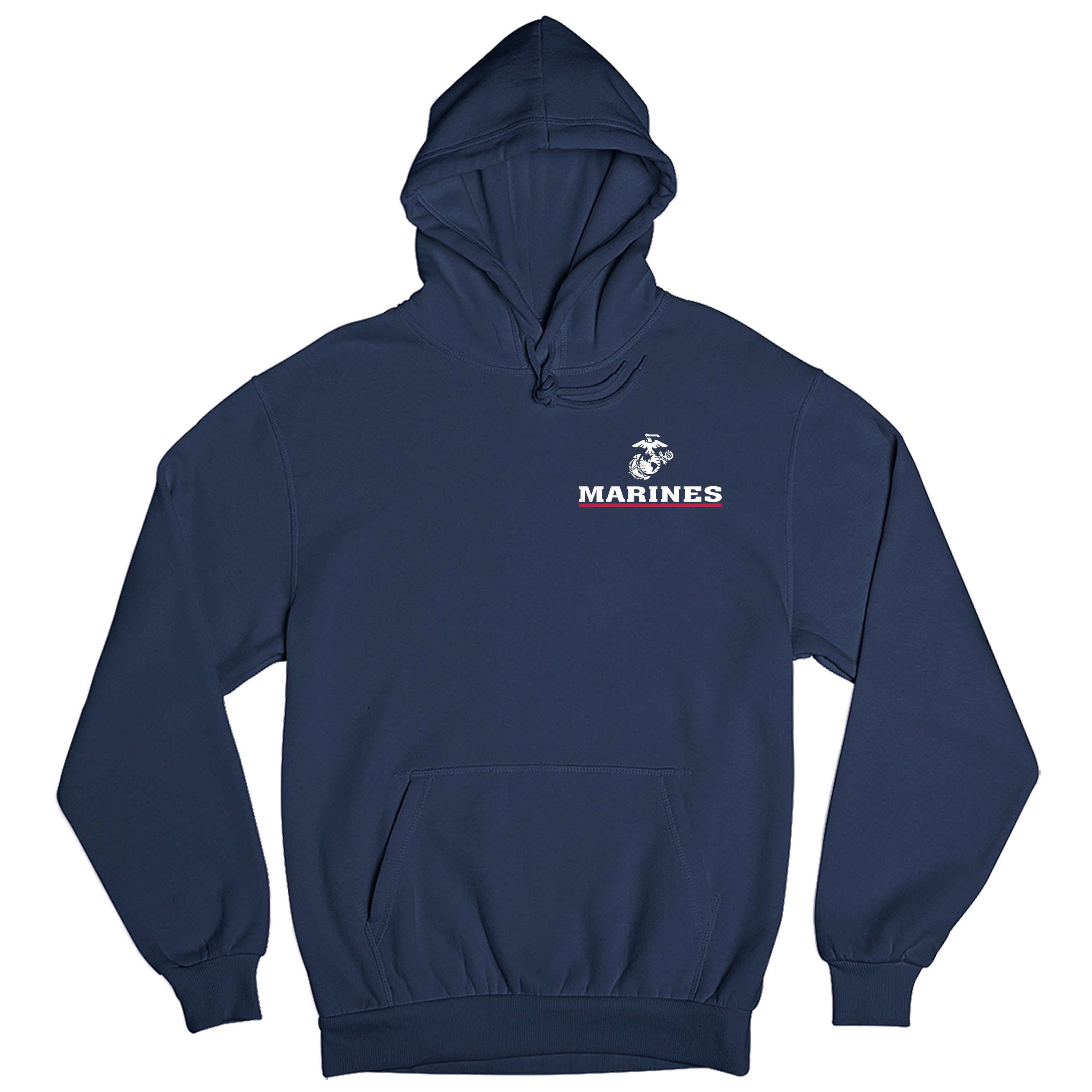 Navy USMC Hoodie with EGA chest seal emblem above bold white 'MARINES' text and a red underline, minimalist Marine Corps design.