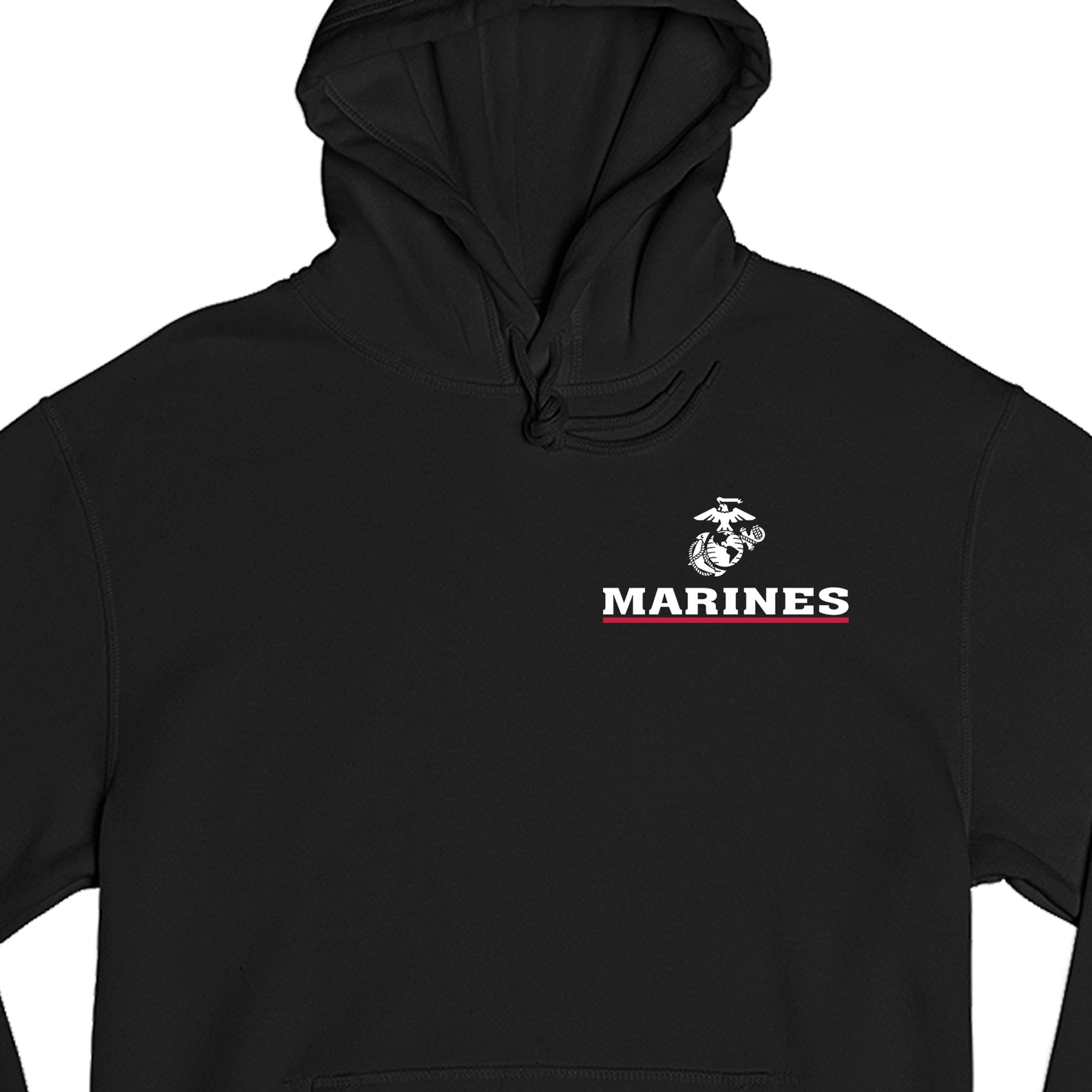 Black USMC Hoodie with EGA chest seal emblem above bold white 'MARINES' text and a red underline, minimalist Marine Corps design.