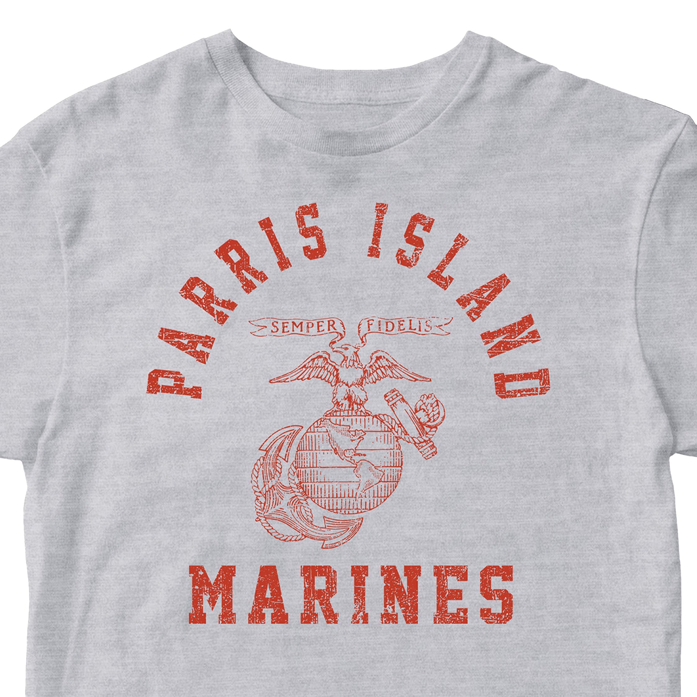 USMC Gray t-shirt with distressed red print featuring 'Parris Island' arched above the Eagle, Globe, and Anchor emblem, and 'Marines' text below—designed in the style of vintage Marine Corps training shirts from MCRD Parris Island.