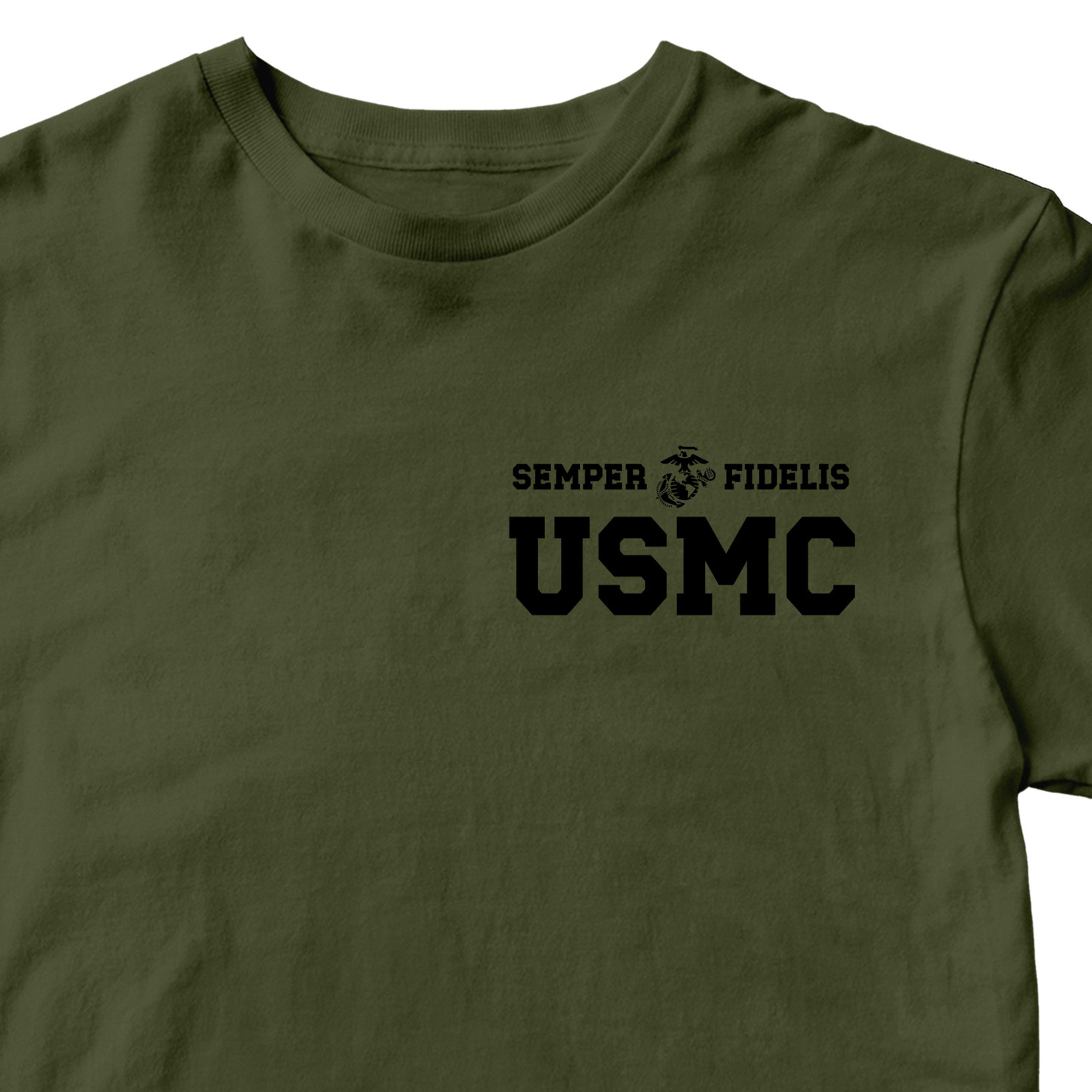Green USMC t-shirt with Semper Fidelis and Eagle Globe Anchor design