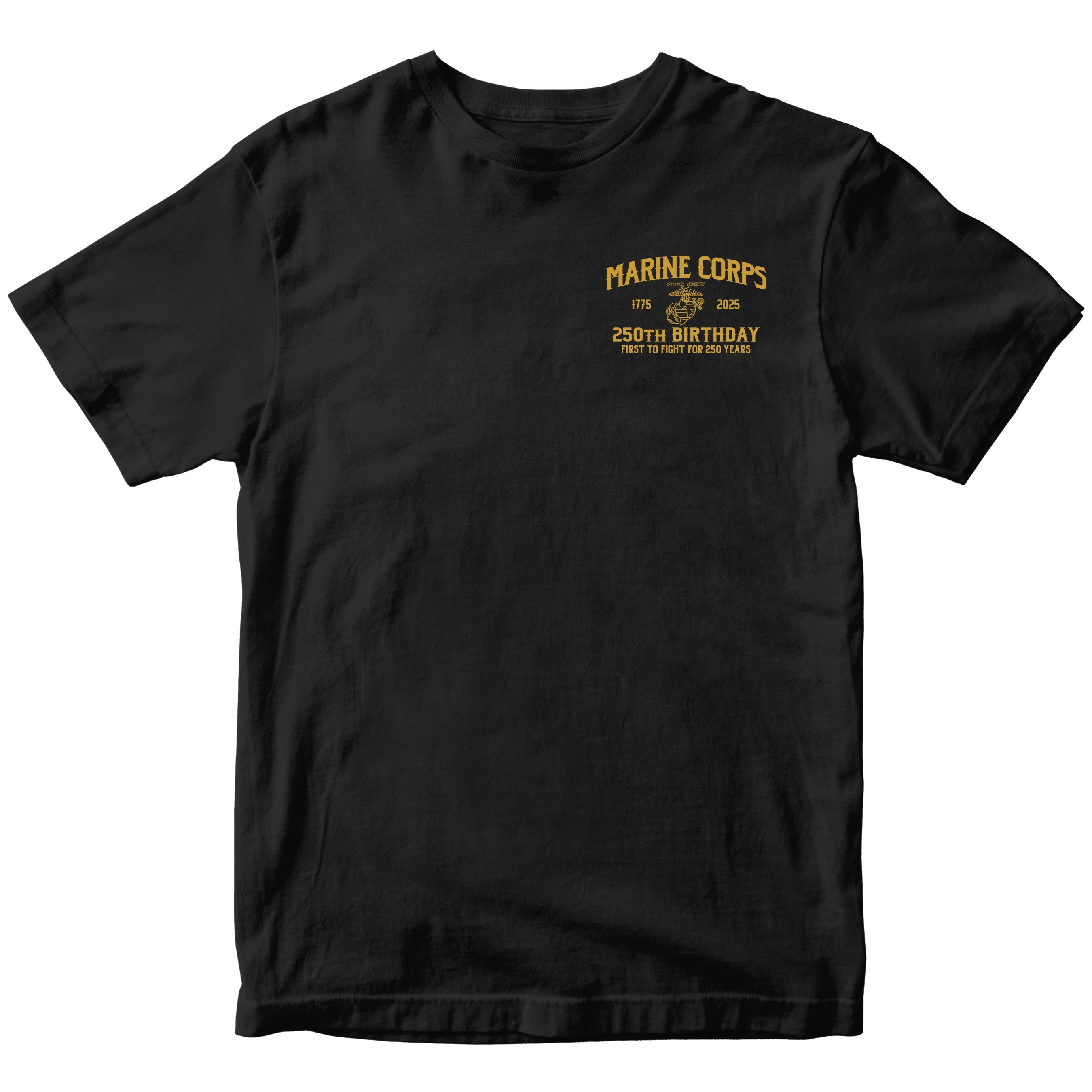 black Marine Corps 250th Birthday t-shirt with Eagle, Globe, and Anchor chest seal and text First to Fight for 250 Years