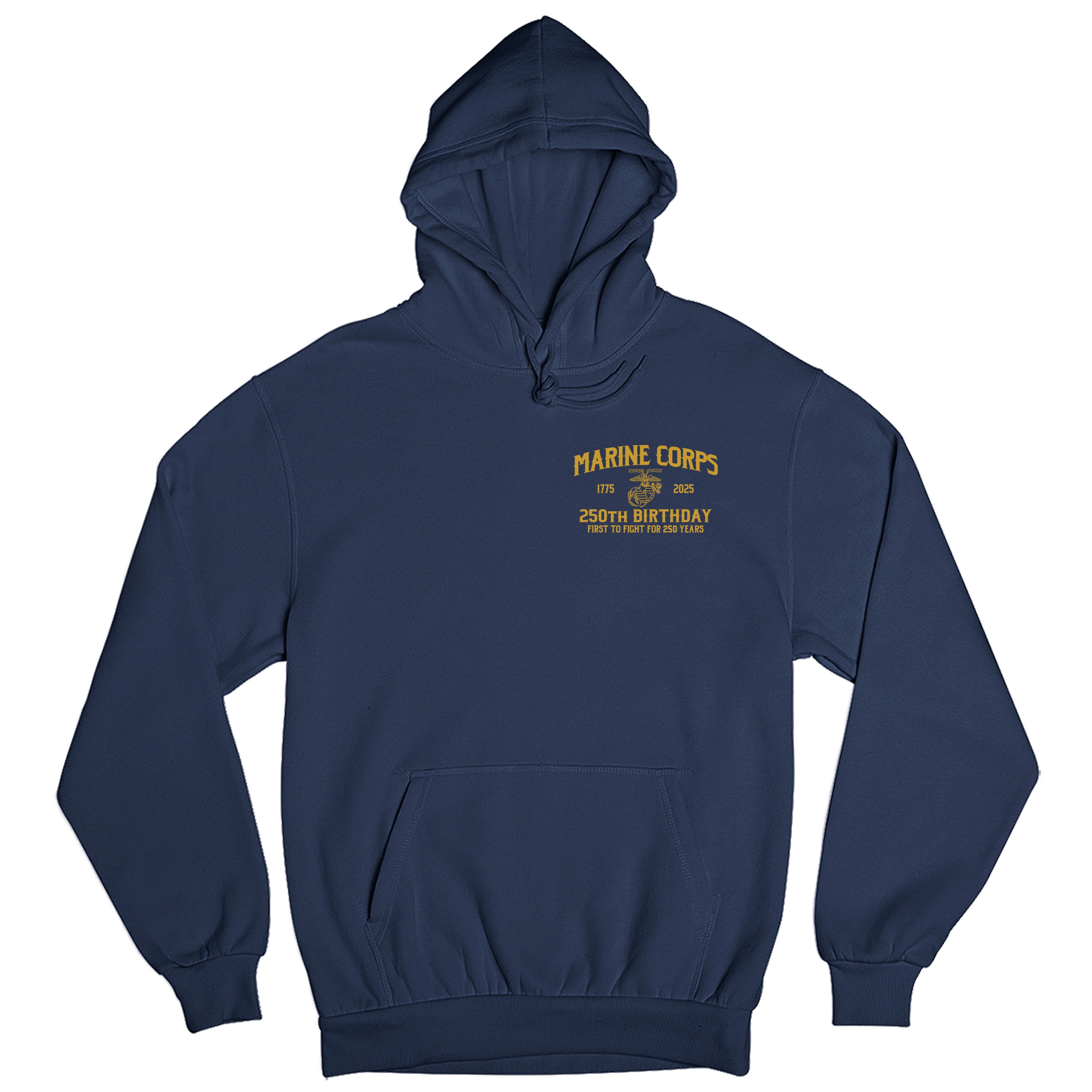 Marine Corps 250th Birthday Born in a Bar hoodie in navy, featuring front chest seal with Eagle, Globe, and Anchor 