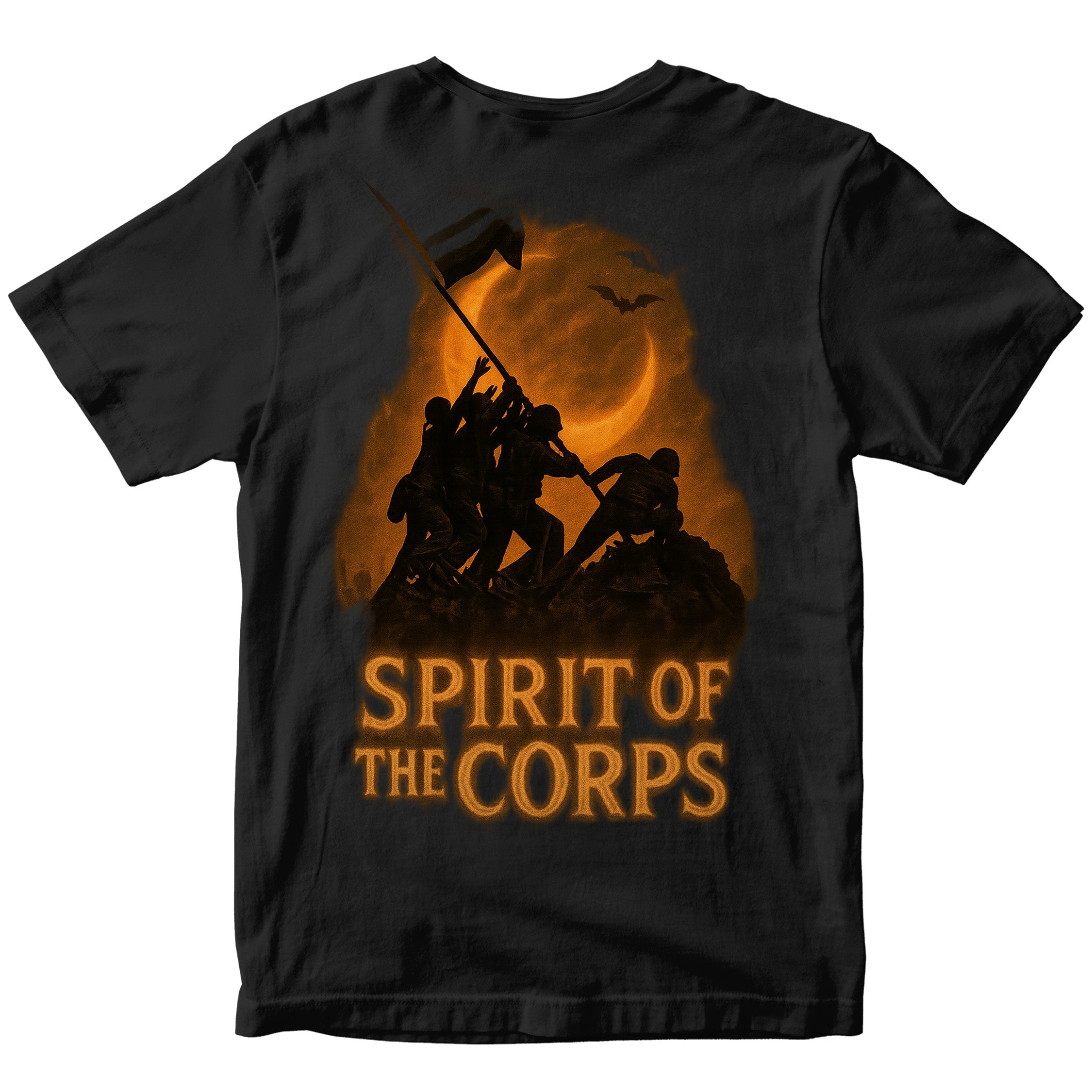 Black USMC t-shirt featuring orange Iwo Jima flag raising silhouette with crescent moon and “SPIRIT OF THE CORPS” text on back. Marines Halloween T-shirt. USMC Halloween Tee