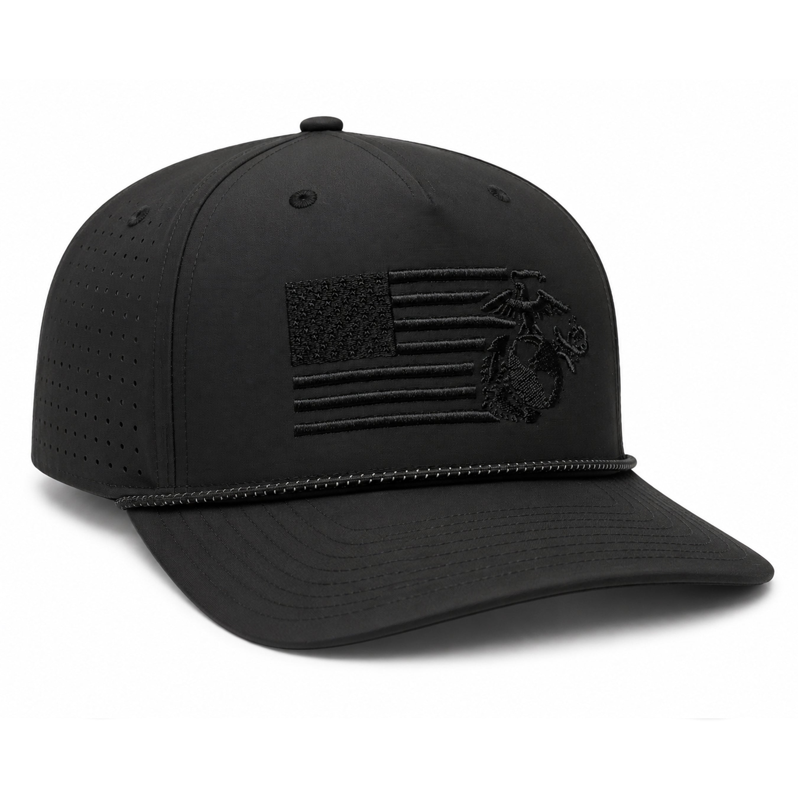 Black USMC laser perforated performance rope cap with black-on-black embroidered split American flag and Eagle, Globe, and Anchor design on the front. Marine Corps Cover. USMC black hat