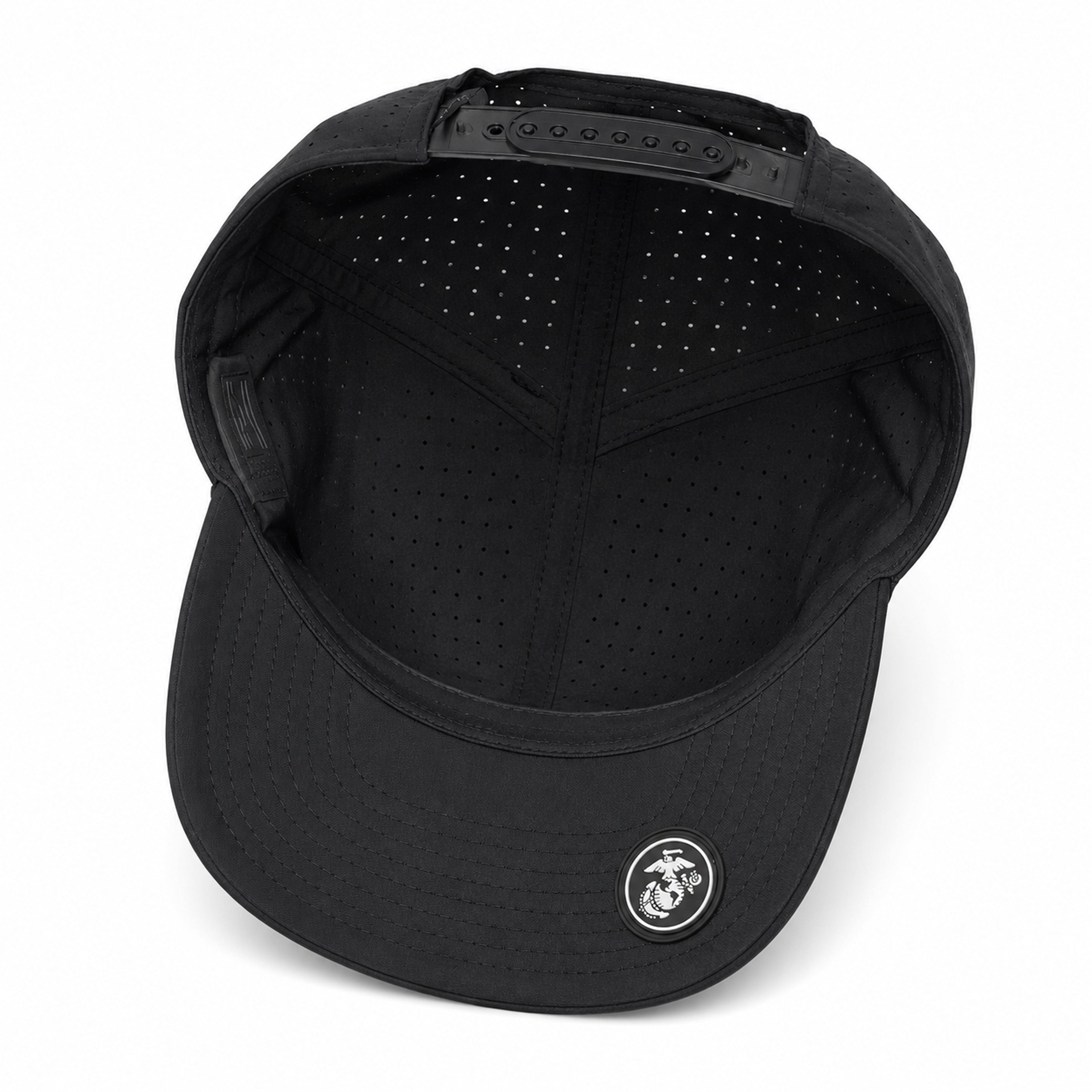Black USMC laser perforated performance rope cap with black-on-black embroidered split American flag and Eagle, Globe, and Anchor design on the front. Marine Corps Cover. USMC black hat