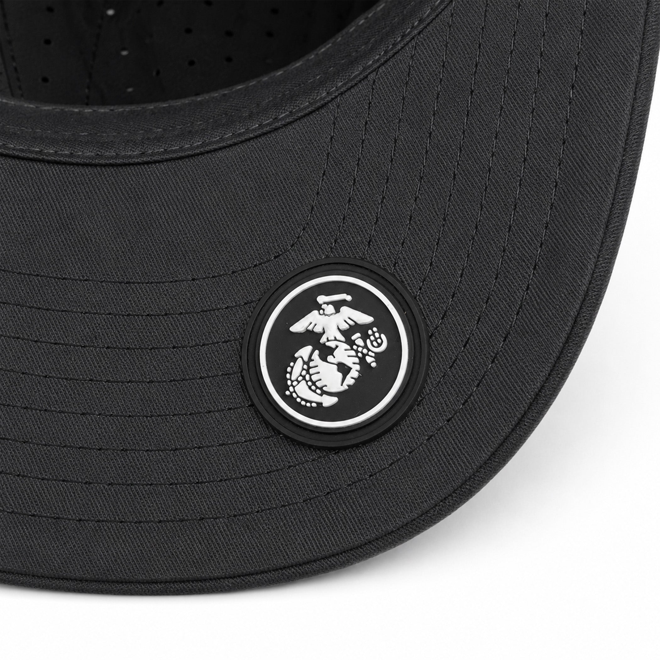 Black USMC laser perforated performance rope cap with black-on-black embroidered split American flag and Eagle, Globe, and Anchor design on the front. Marine Corps Cover. USMC black hat
