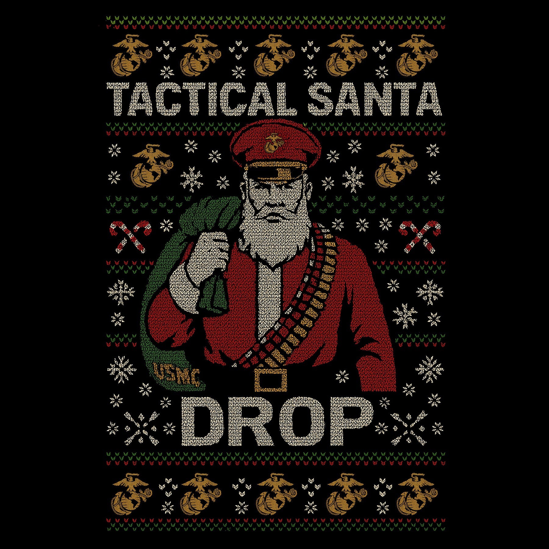 Black USMC Christmas T-shirt featuring stitched-style Tactical Santa in red uniform with ammo belt, USMC seabag, snowflakes, candy cane patterns, and bold text ‘Tactical Santa Drop.’ Marines Christmas Tee