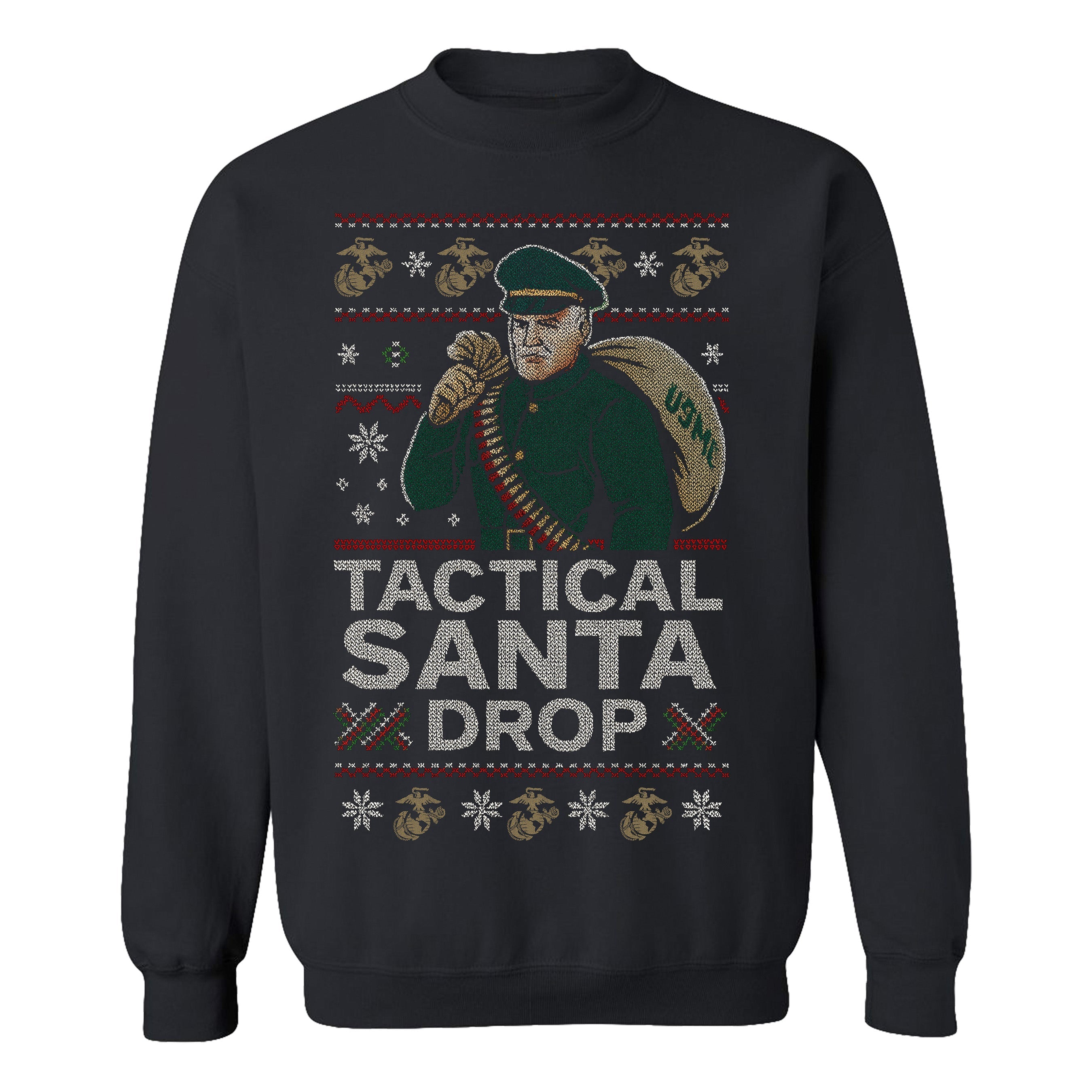 Black USMC Christmas sweatshirt featuring a knitted-style Tactical Santa carrying a USMC seabag with ammo belt, surrounded by snowflakes, EGAs, and bold text ‘Tactical Santa Drop.’” Marines Christmas Sweatshirt