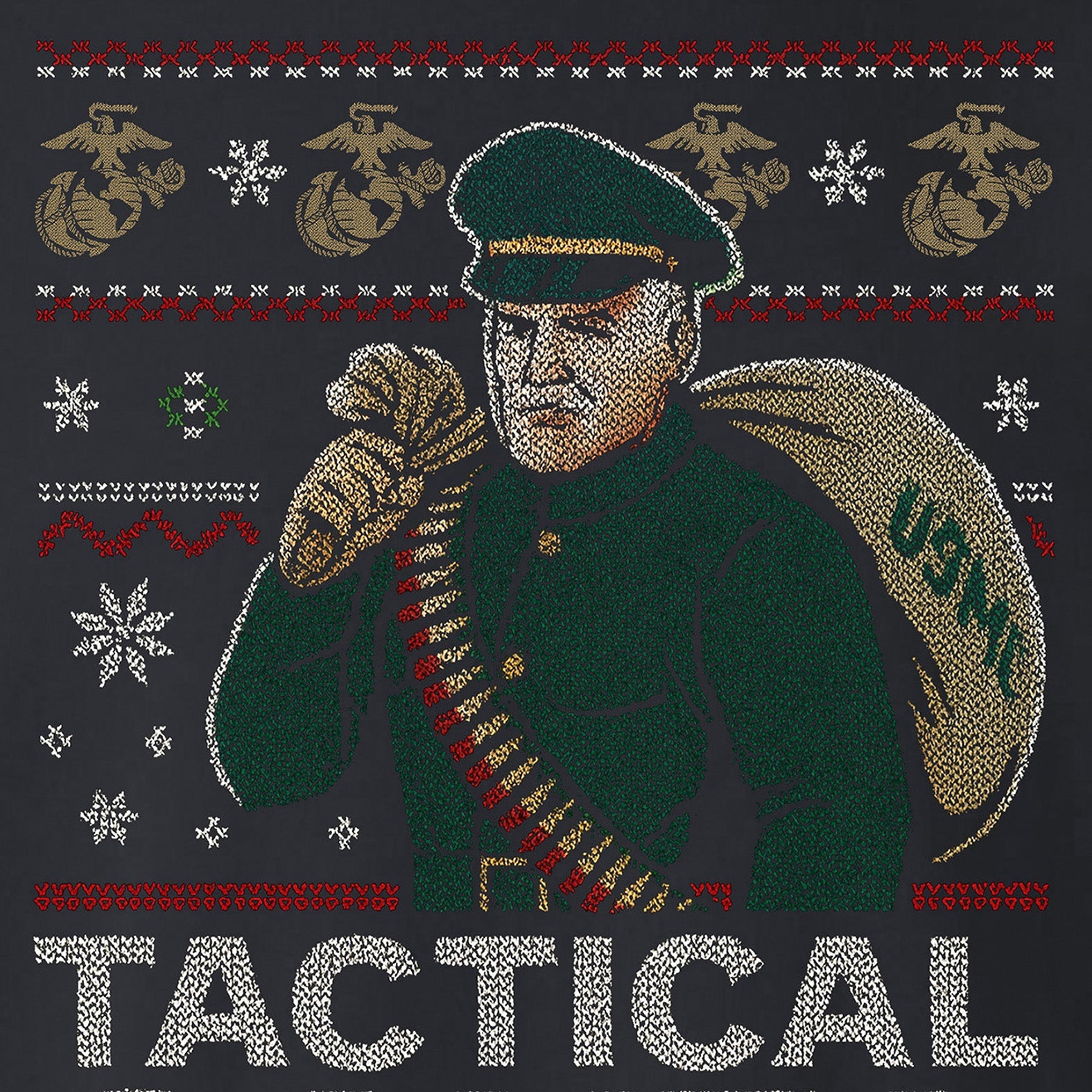 USMC Christmas sweatshirt featuring a knitted-style Tactical Santa carrying a USMC seabag with ammo belt, surrounded by snowflakes, EGAs, and bold text ‘Tactical Santa Drop.’” Marines Christmas Sweatshirt