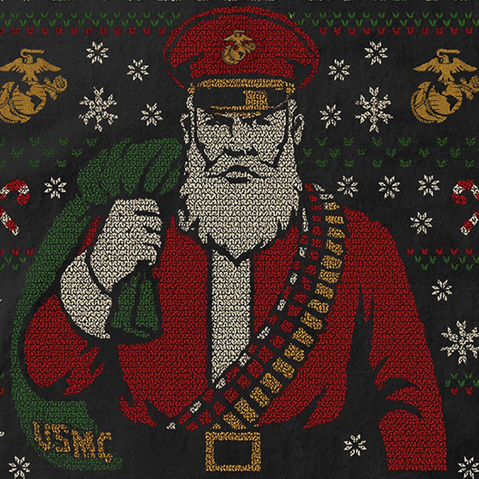 Black USMC Christmas T-shirt featuring stitched-style Tactical Santa in red uniform with ammo belt, USMC seabag, snowflakes, candy cane patterns, and bold text ‘Tactical Santa Drop.’ Marines Christmas Tee