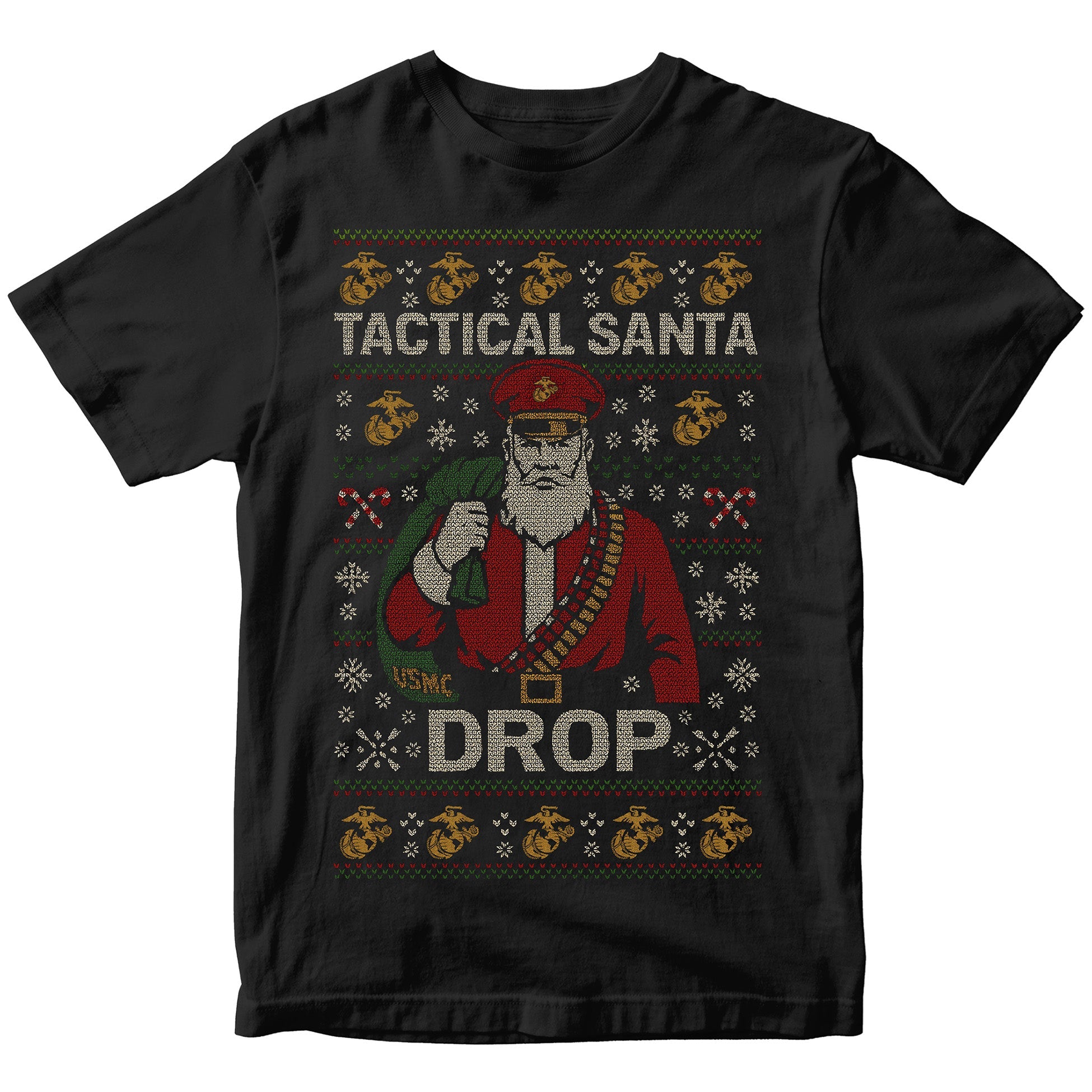 Black USMC Christmas T-shirt featuring stitched-style Tactical Santa in red uniform with ammo belt, USMC seabag, snowflakes, candy cane patterns, and bold text ‘Tactical Santa Drop.’ Marines Christmas Tee