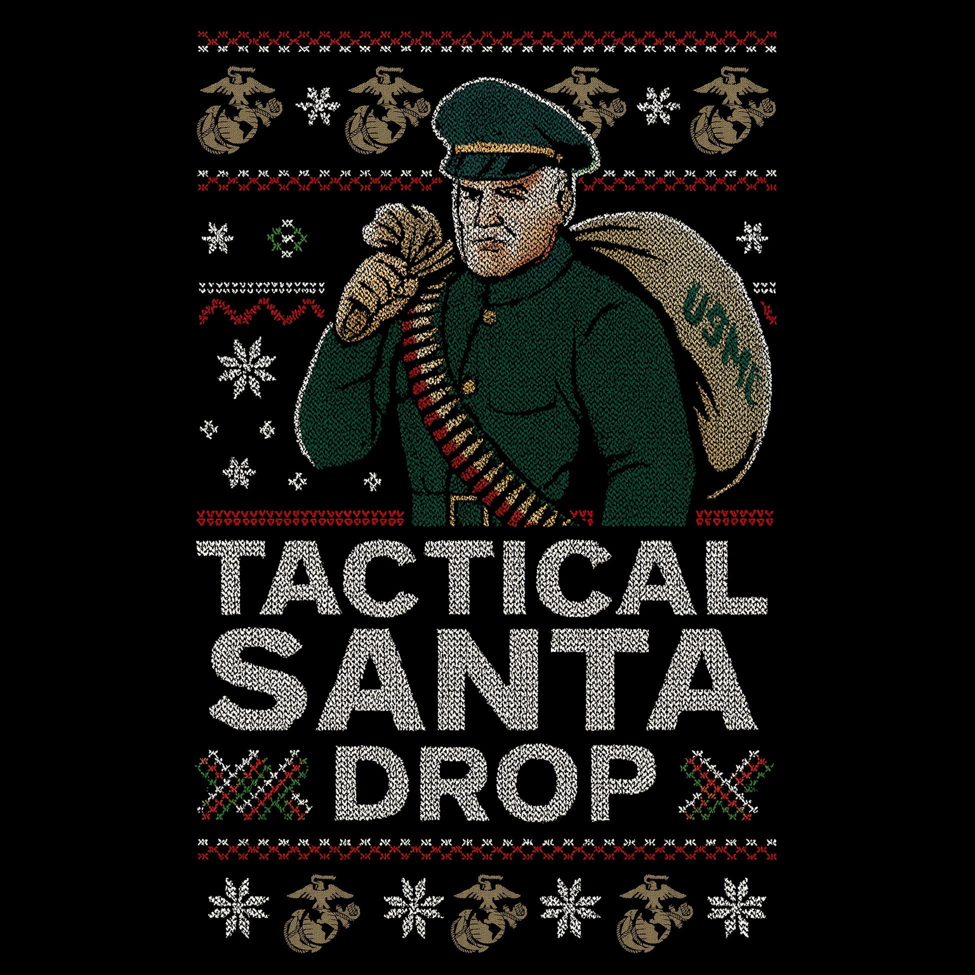 Black USMC Christmas T-shirt featuring a knitted-style Tactical Santa carrying a USMC seabag with ammo belt, surrounded by snowflakes, EGAs, and bold text ‘Tactical Santa Drop.’” Marines Christmas Tee