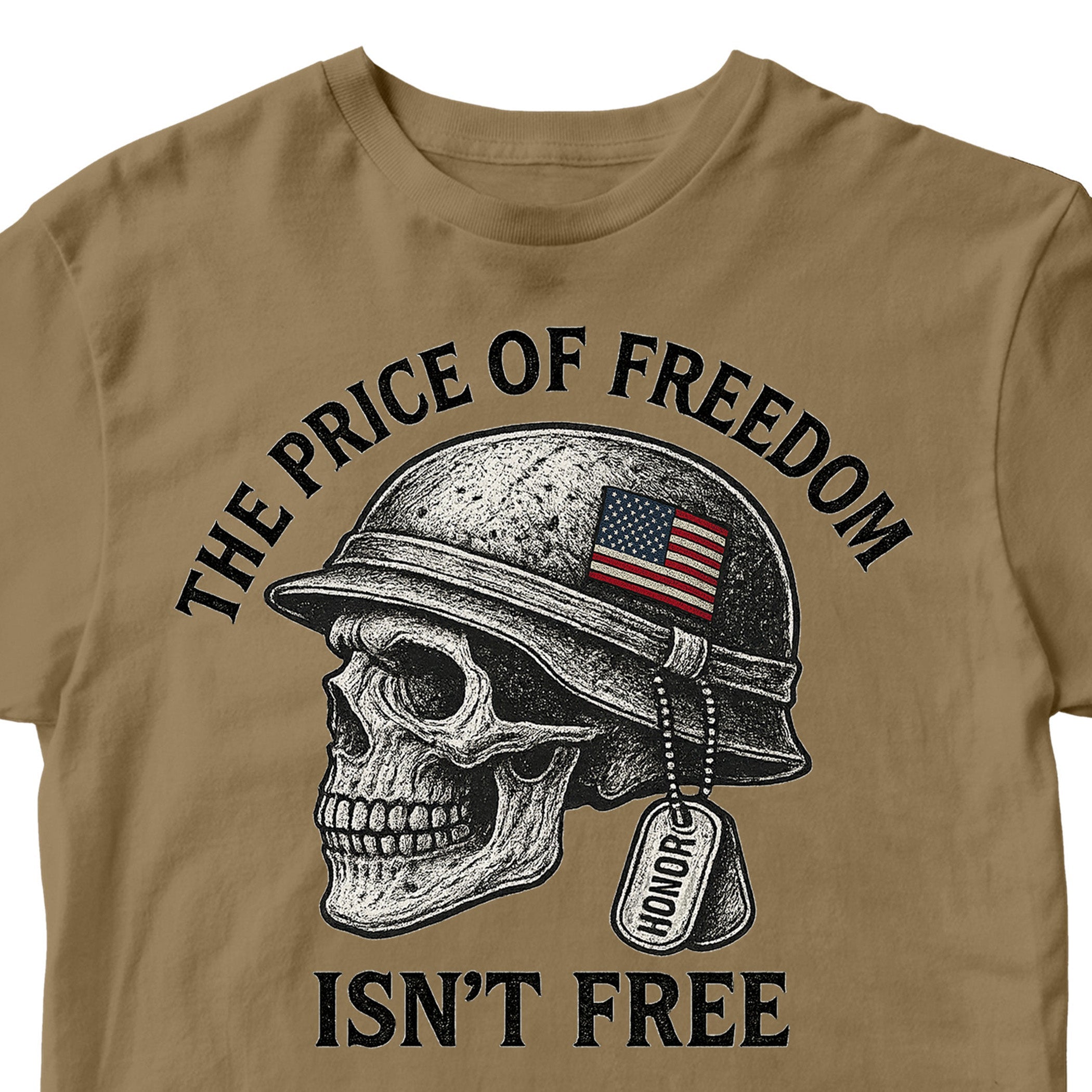 Brown Patriotic military t-shirt with skull in combat helmet and bold freedom quote, "Price of Freedom Isn’t Free." 