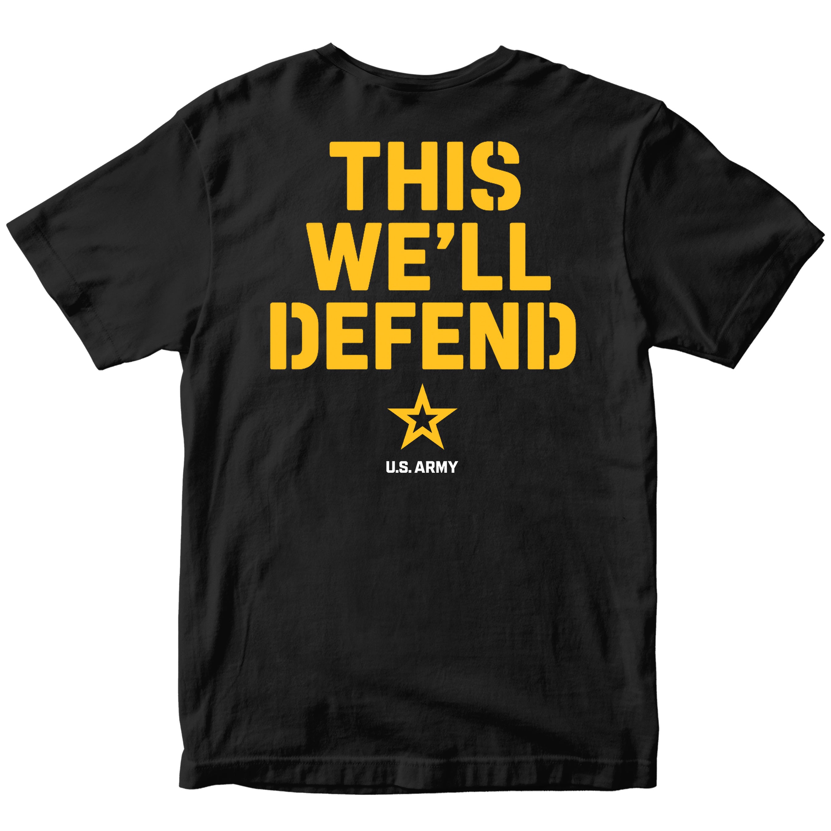 Black ARMY t-shirt with yellow text 'THIS WE'LL DEFEND' and U.S. Army logo on a white background