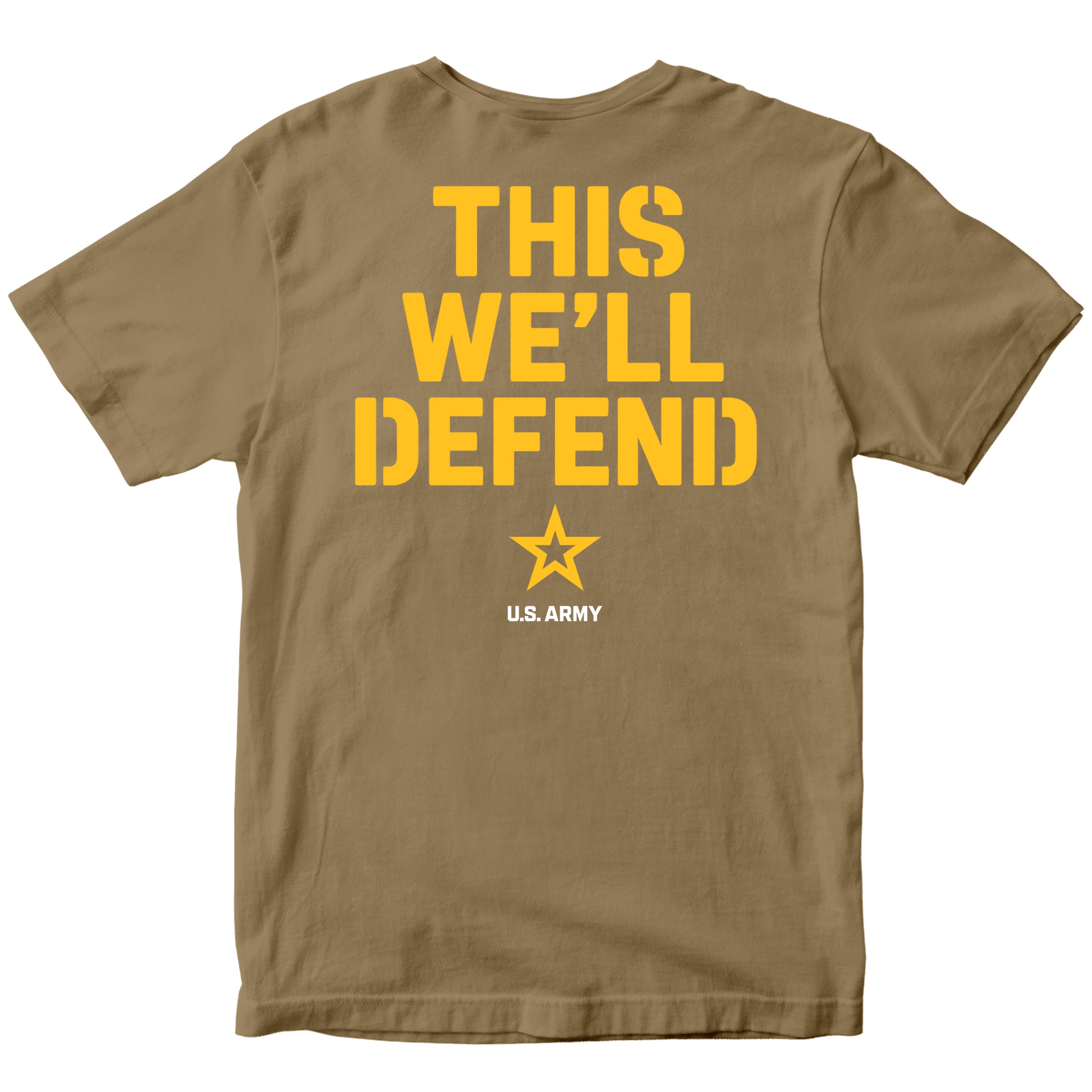 Brown ARMY t-shirt with yellow text 'THIS WE'LL DEFEND' and U.S. Army logo on a white background