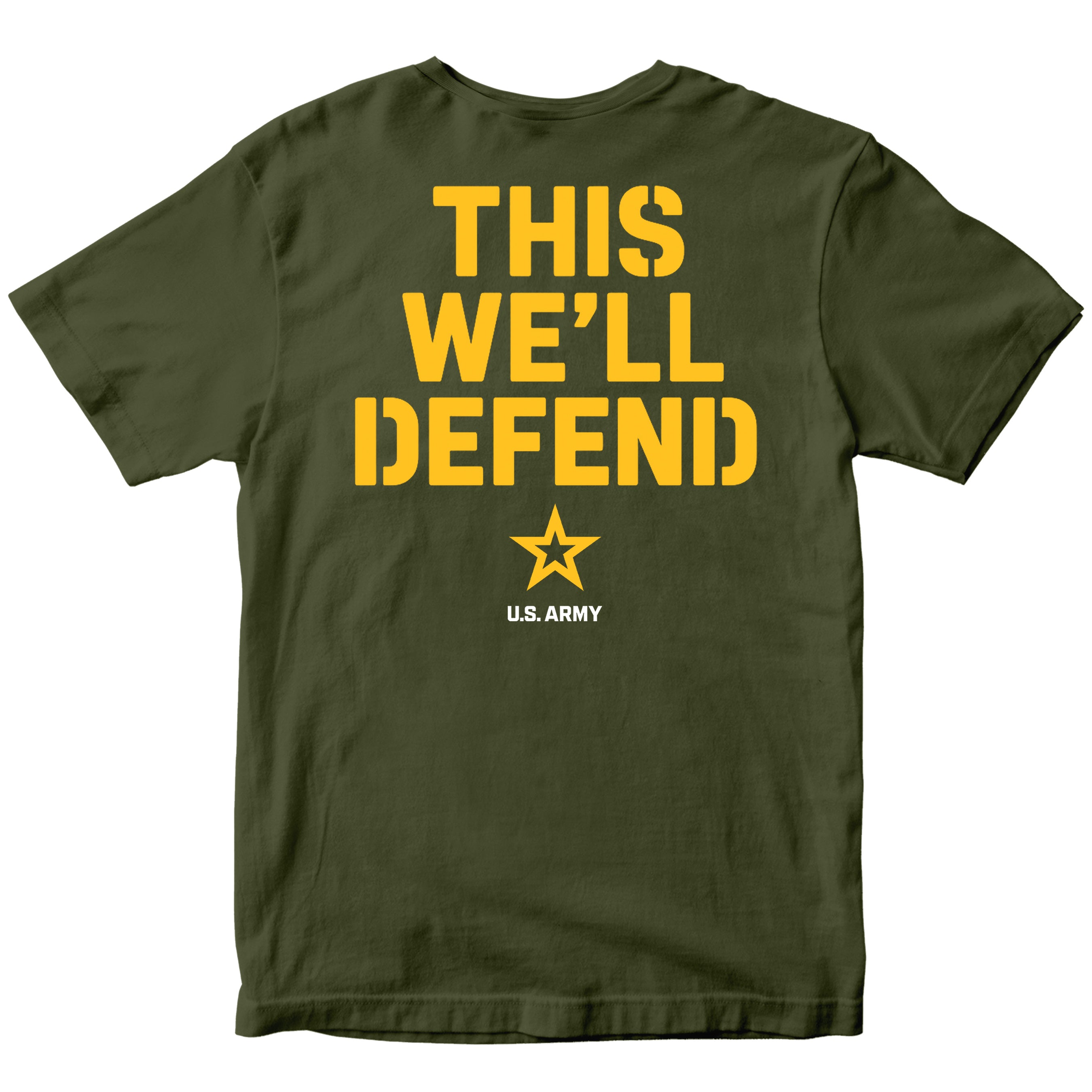 Green ARMY t-shirt with yellow text 'THIS WE'LL DEFEND' and U.S. Army logo on a white background