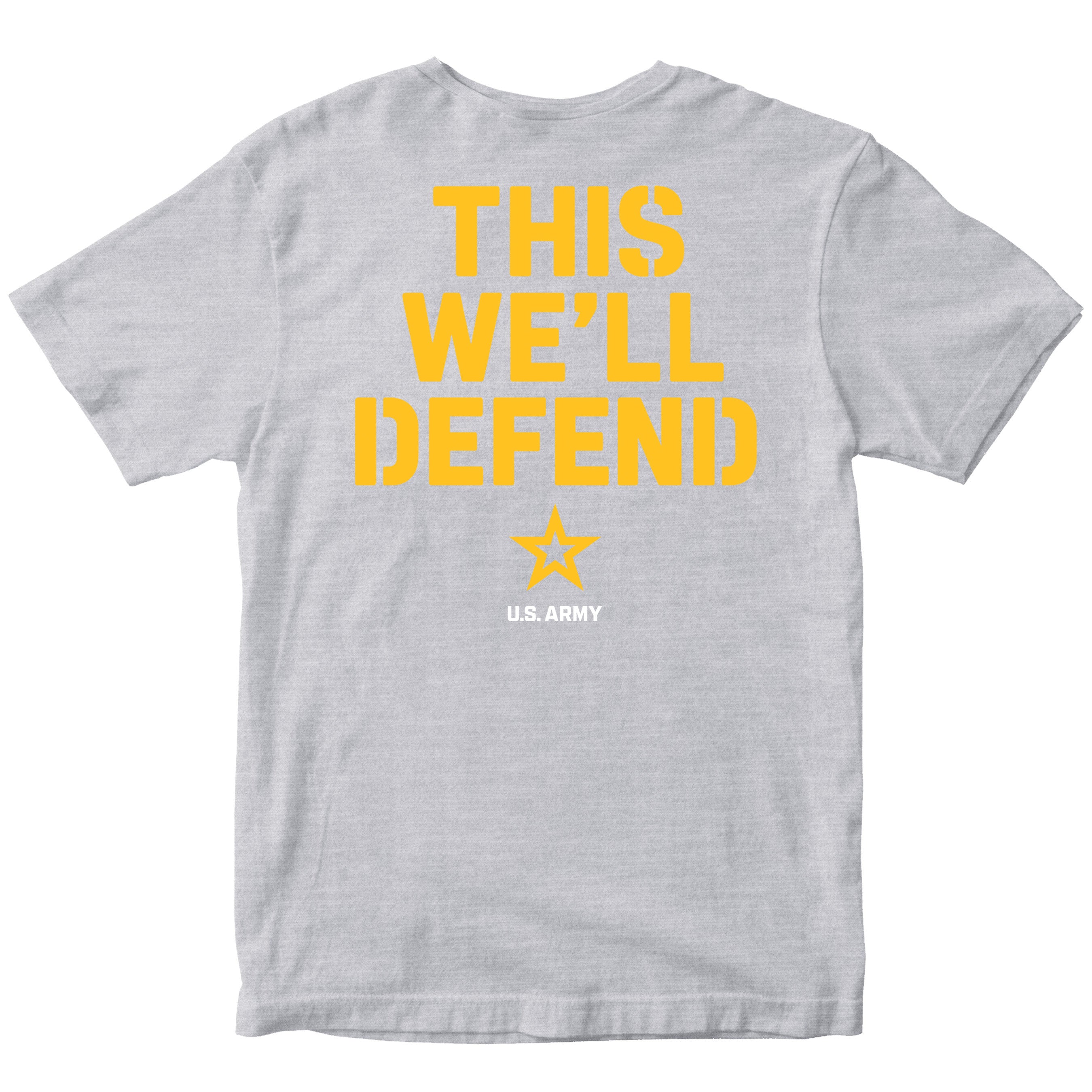 Gray ARMY t-shirt with yellow text 'THIS WE'LL DEFEND' and U.S. Army logo on a white background