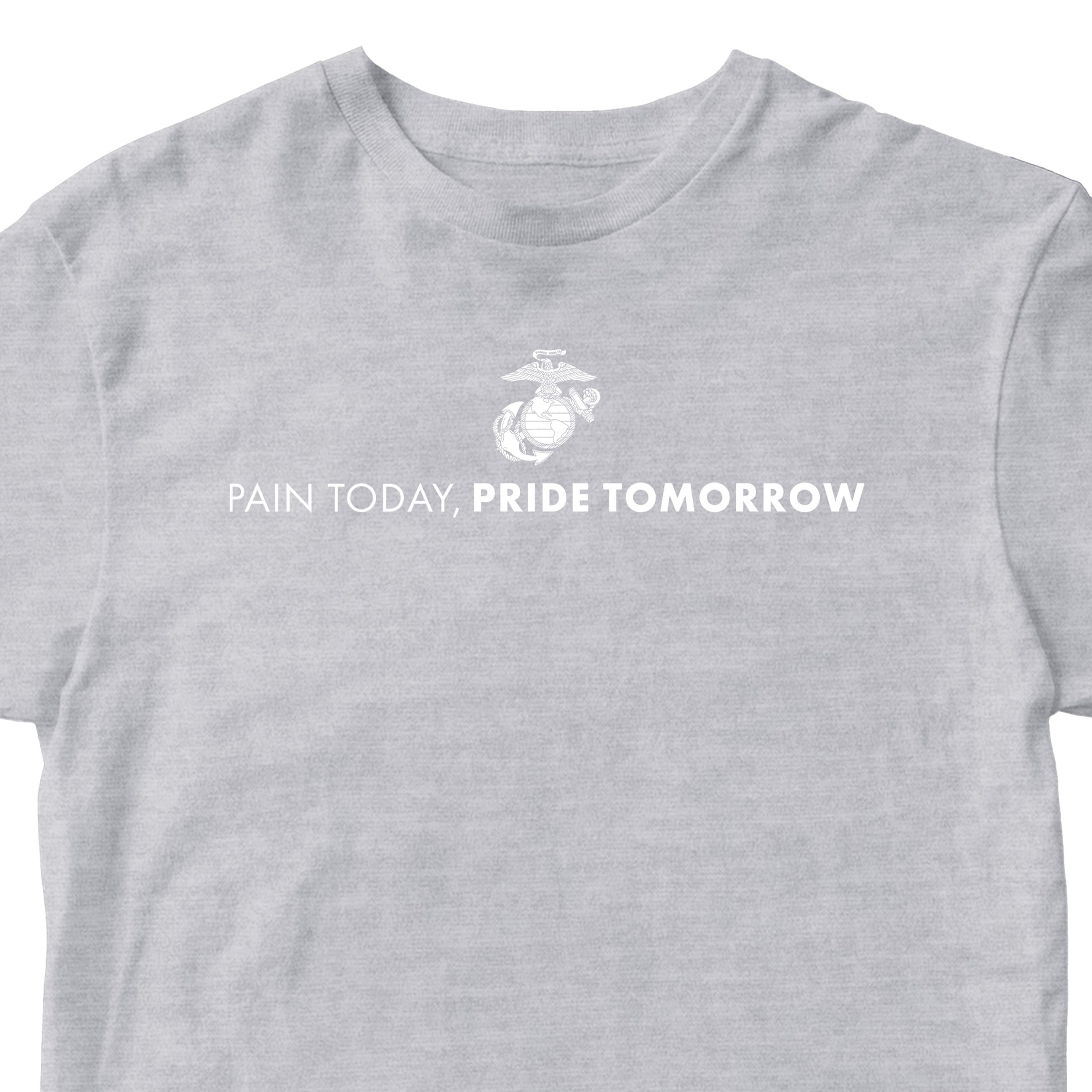 Gray USMC motivational t-shirt with Eagle, Globe, and Anchor emblem and white text reading 'Pain Today, Pride Tomorrow' – Marine Corps workout and training shirt.