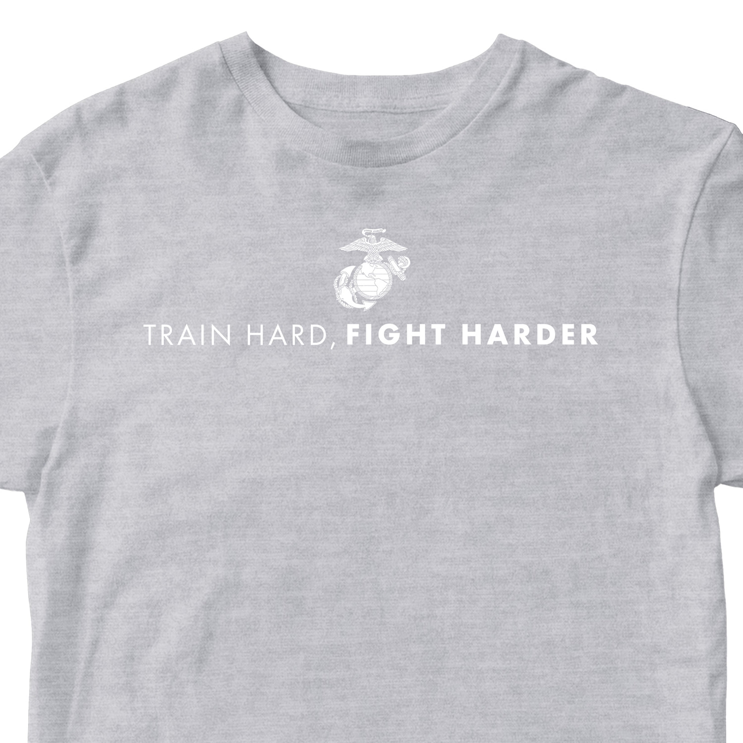 Gray USMC t-shirt with white Eagle, Globe, and Anchor emblem and bold military quote 'Train Hard, Fight Harder' on chest, Marine Corps motivational workout shirt.