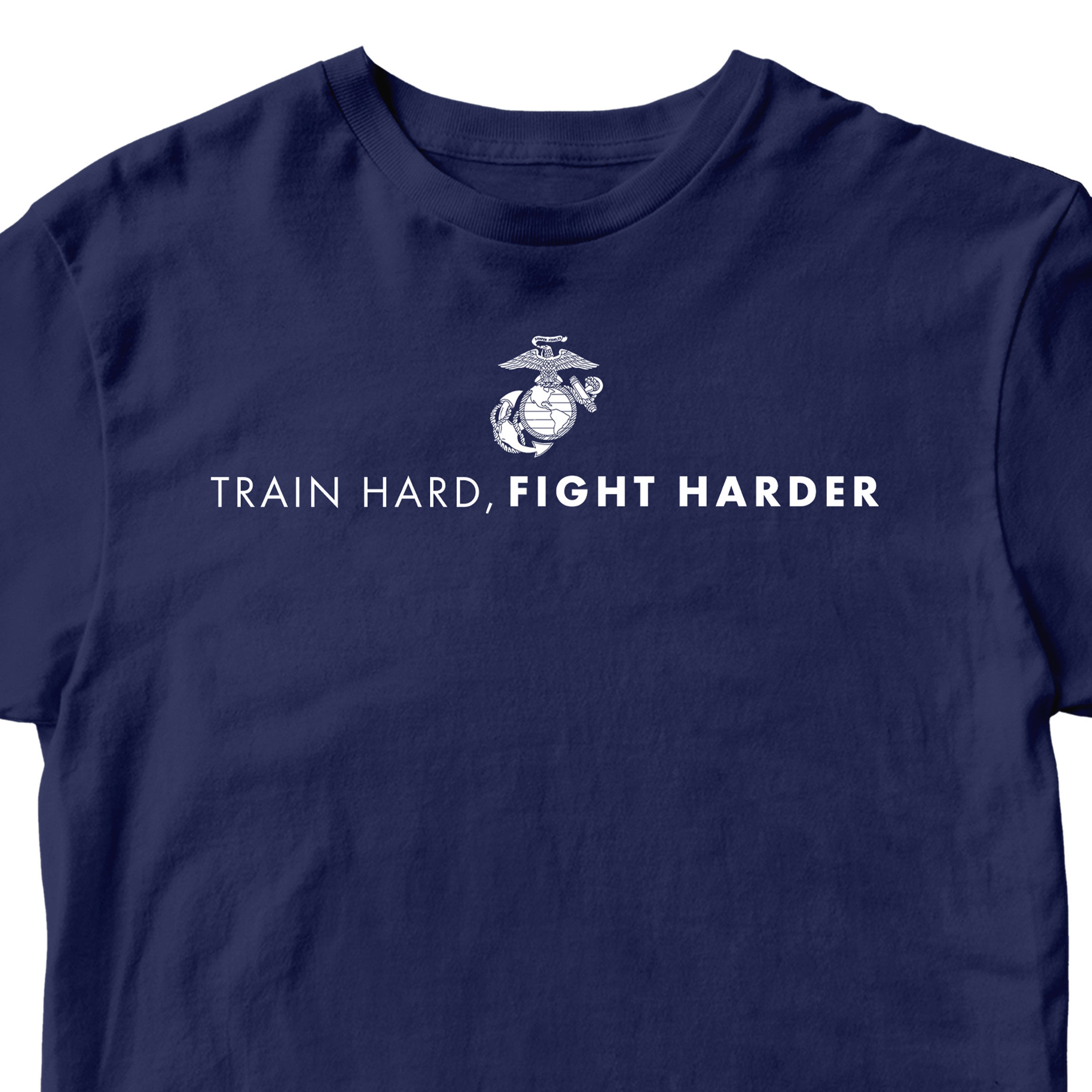 Navy USMC t-shirt with white Eagle, Globe, and Anchor emblem and bold military quote 'Train Hard, Fight Harder' on chest, Marine Corps motivational workout shirt.