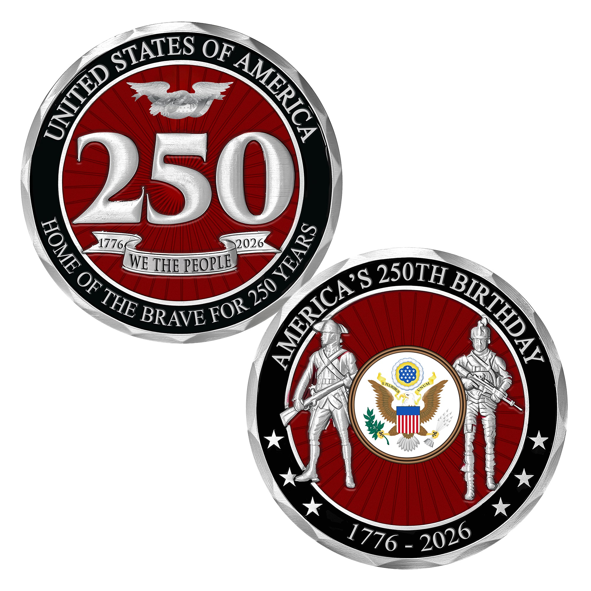 Two commemorative coins celebrating America's 250th birthday with red, white, and blue design.