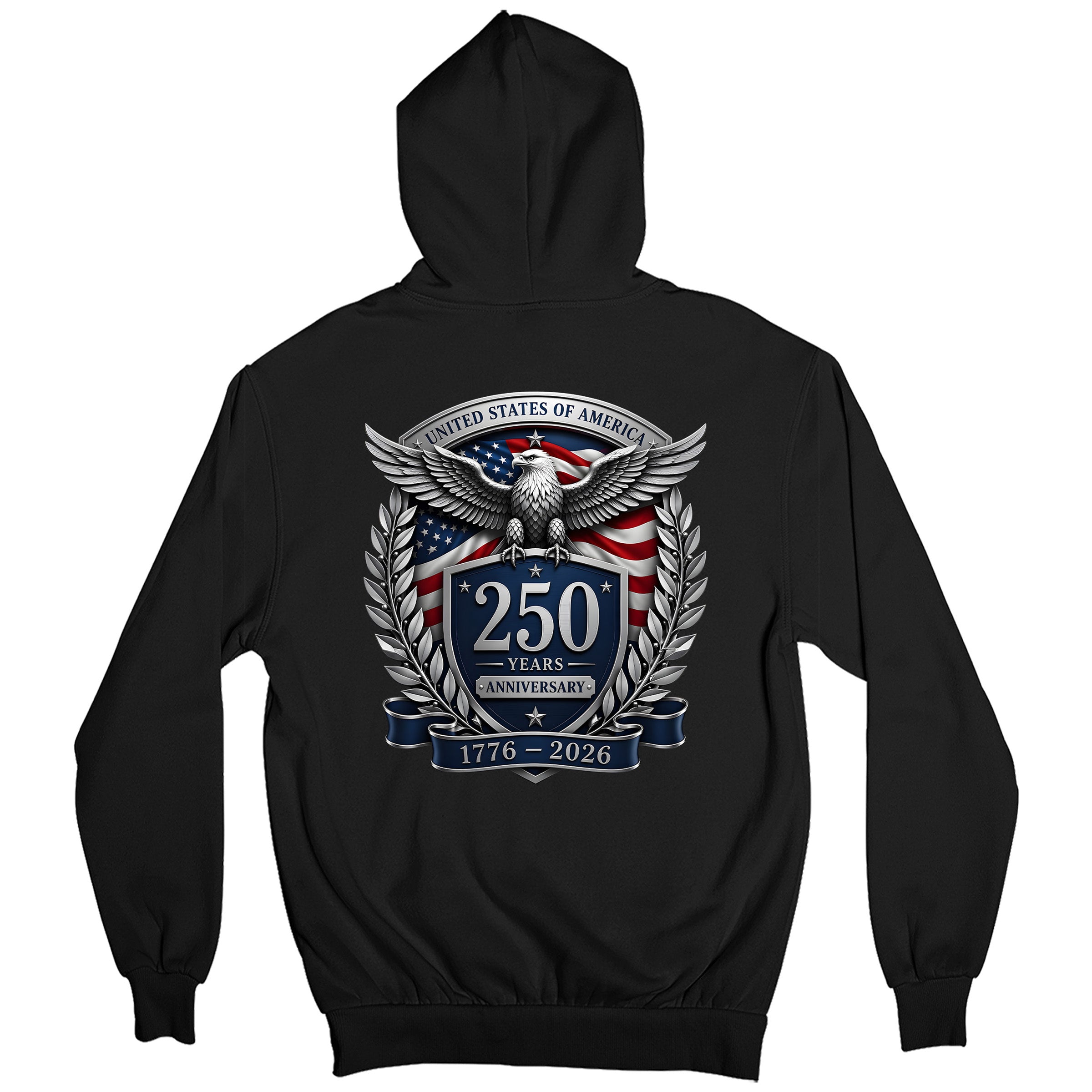 America's 250th birthday hoodie. USA 250 years anniversary hoodie with eagle design and American flag back print.  Black Patriotic Hoodie