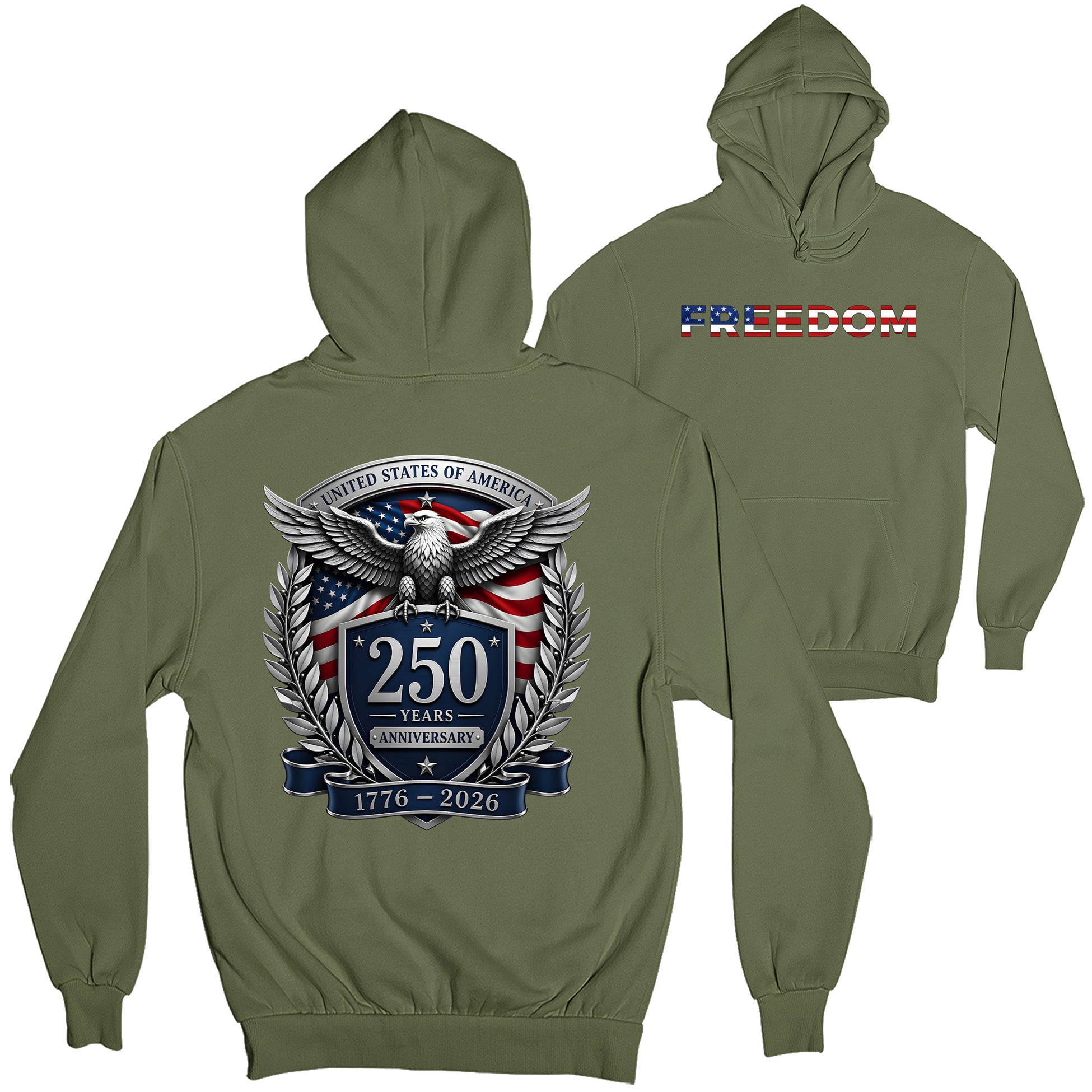 America's 250th birthday hoodie. USA 250 years anniversary hoodie with freedom eagle design and American flag back print. Military Patriotic Hoodie
