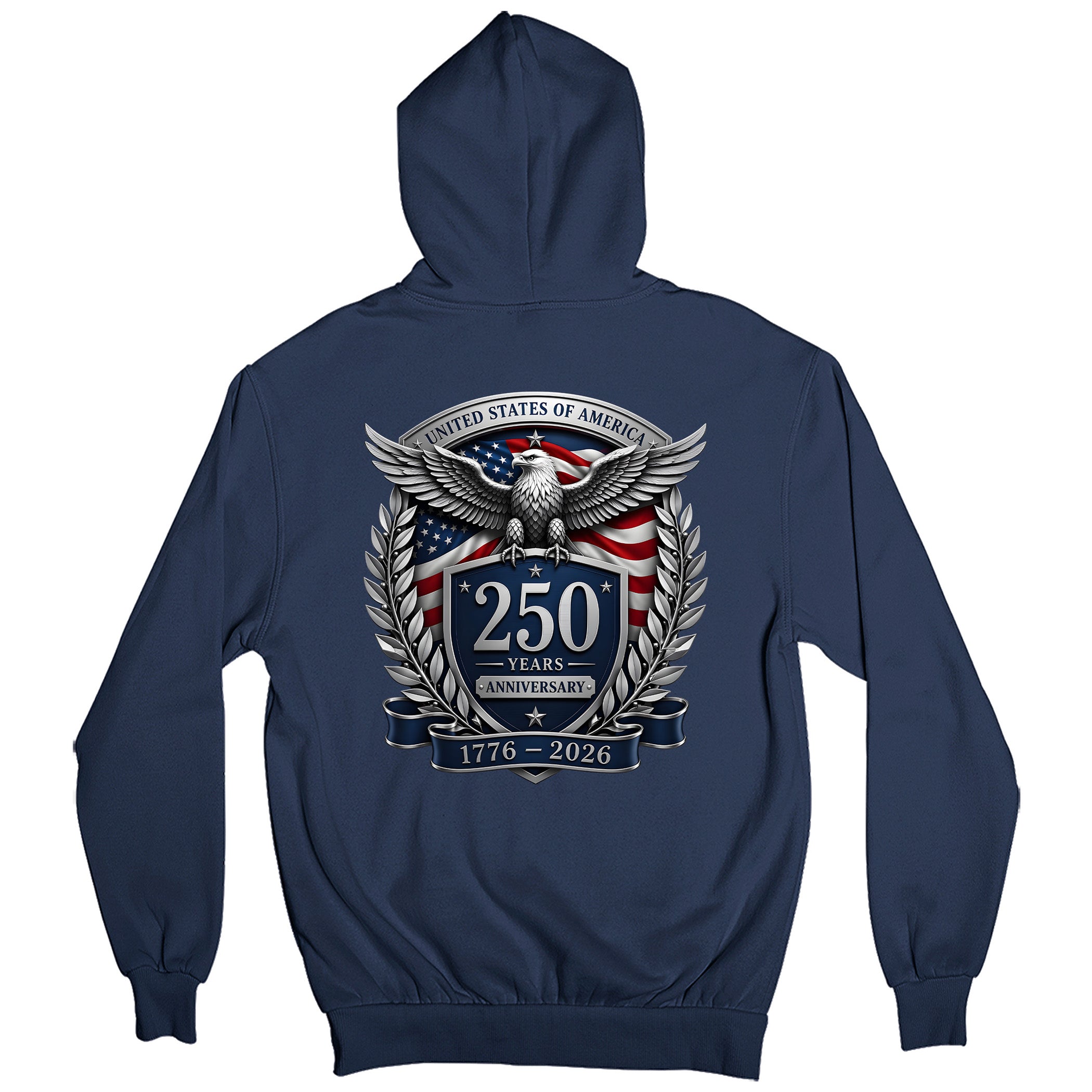 America's 250th birthday hoodie. USA 250 years anniversary hoodie with freedom eagle design and American flag back print.  Navy Blue Patriotic Hoodie