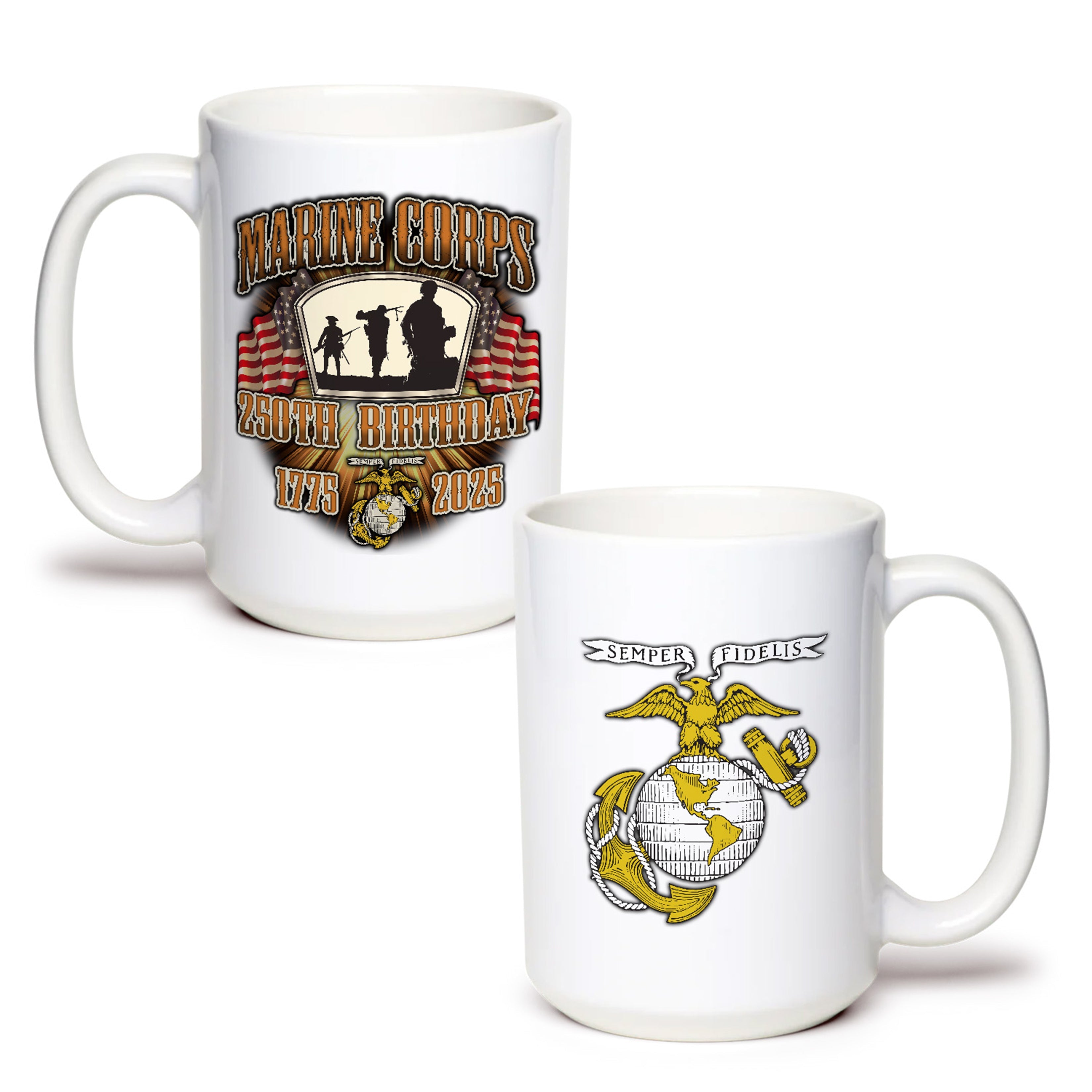 White ceramic mug featuring a distressed ‘Marine Corps 250th Birthday 1775–2025’ front design with three Marine silhouettes and American flags, and a gold Eagle, Globe & Anchor with ‘Semper Fidelis’ banner on the back.