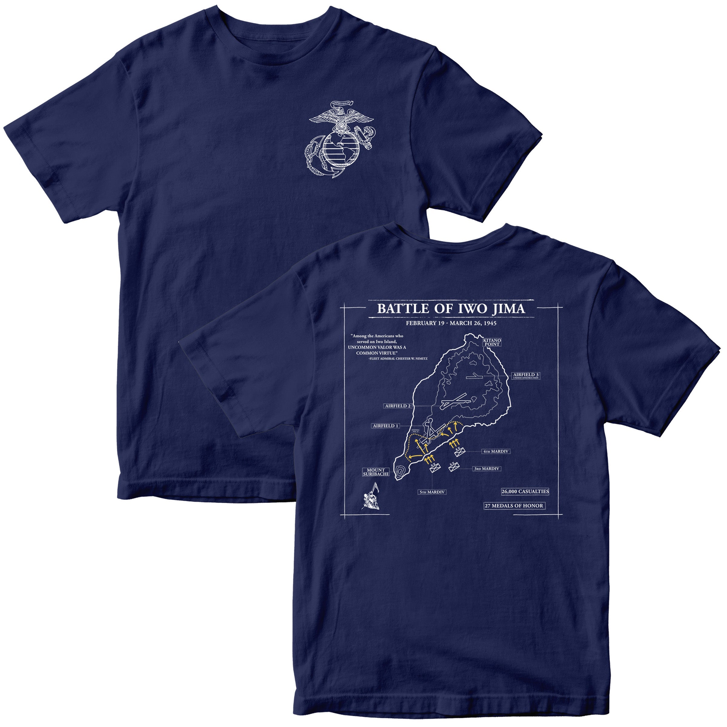 Navy Blue Marine Corps Iwo Jima tactical map T-shirt showing 1945 battle layout. USMC Iwo Jima Tee