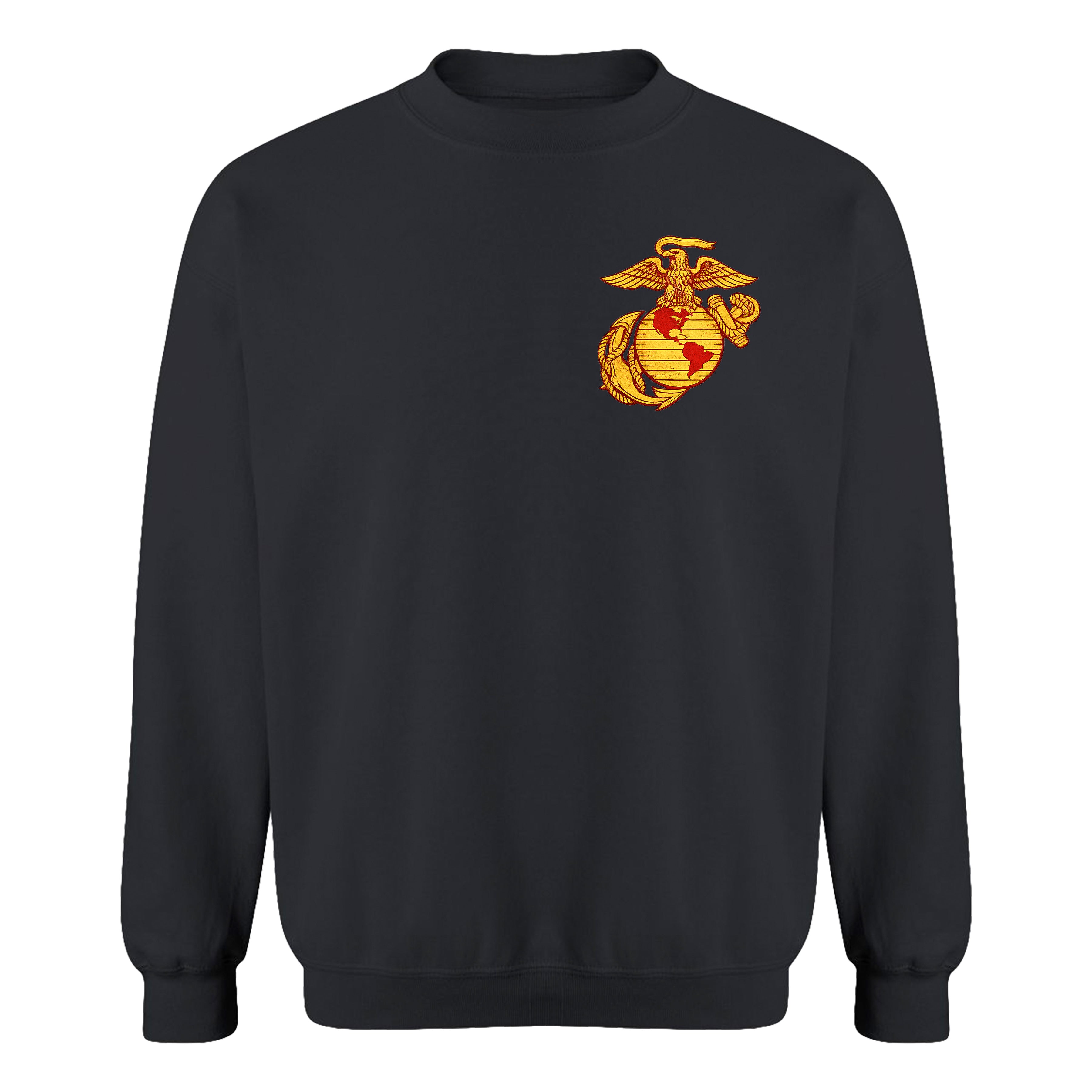 Black USMC sweatshirt with large motorcycle club–style back graphic reading ‘Marine Brotherhood,’ ‘1775,’ and ‘USMC. Marines Motorcycle sweatshirt