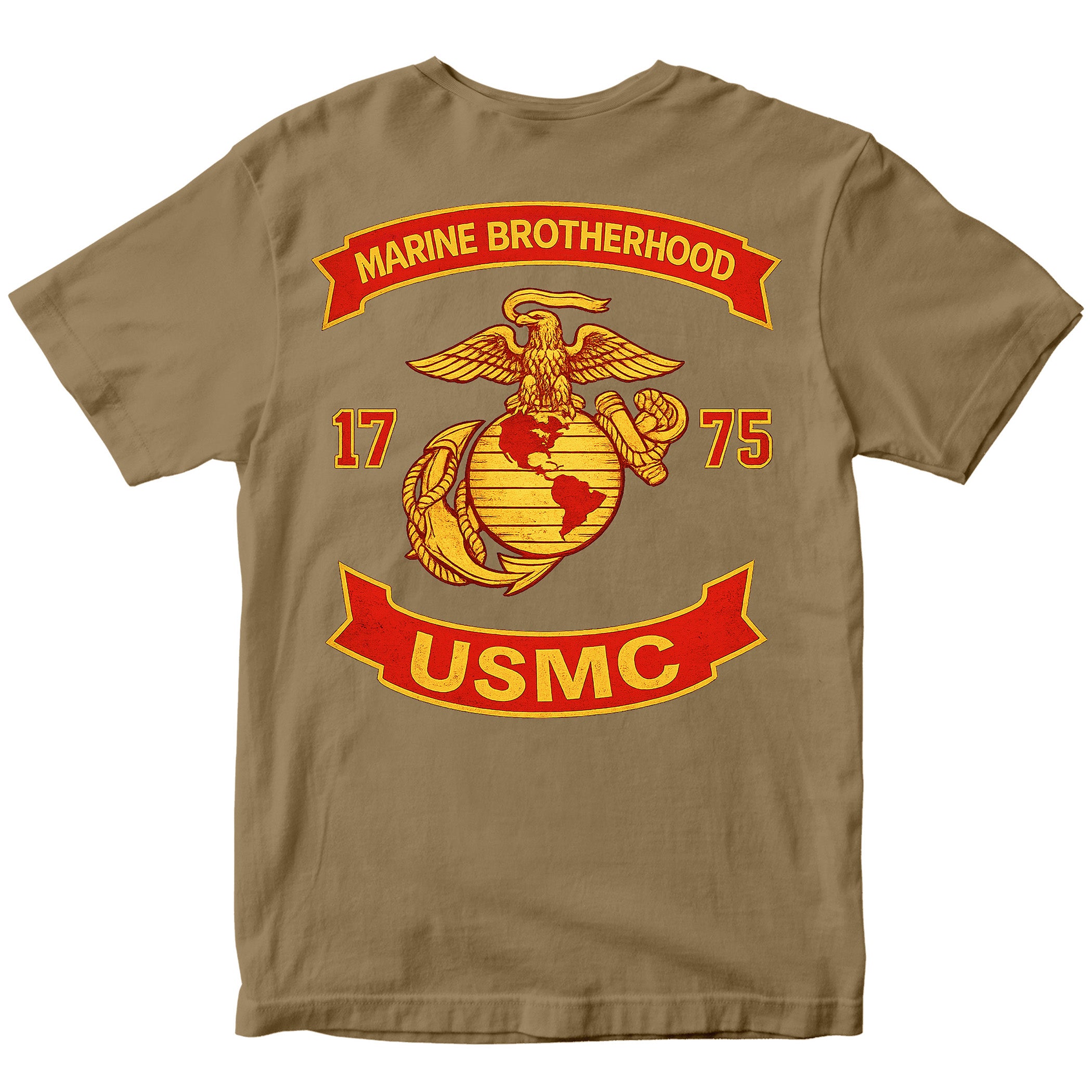 Brown USMC T-shirt with large motorcycle club–style back graphic reading ‘Marine Brotherhood,’ ‘1775,’ and ‘USMC. Marines Motorcycle Tee