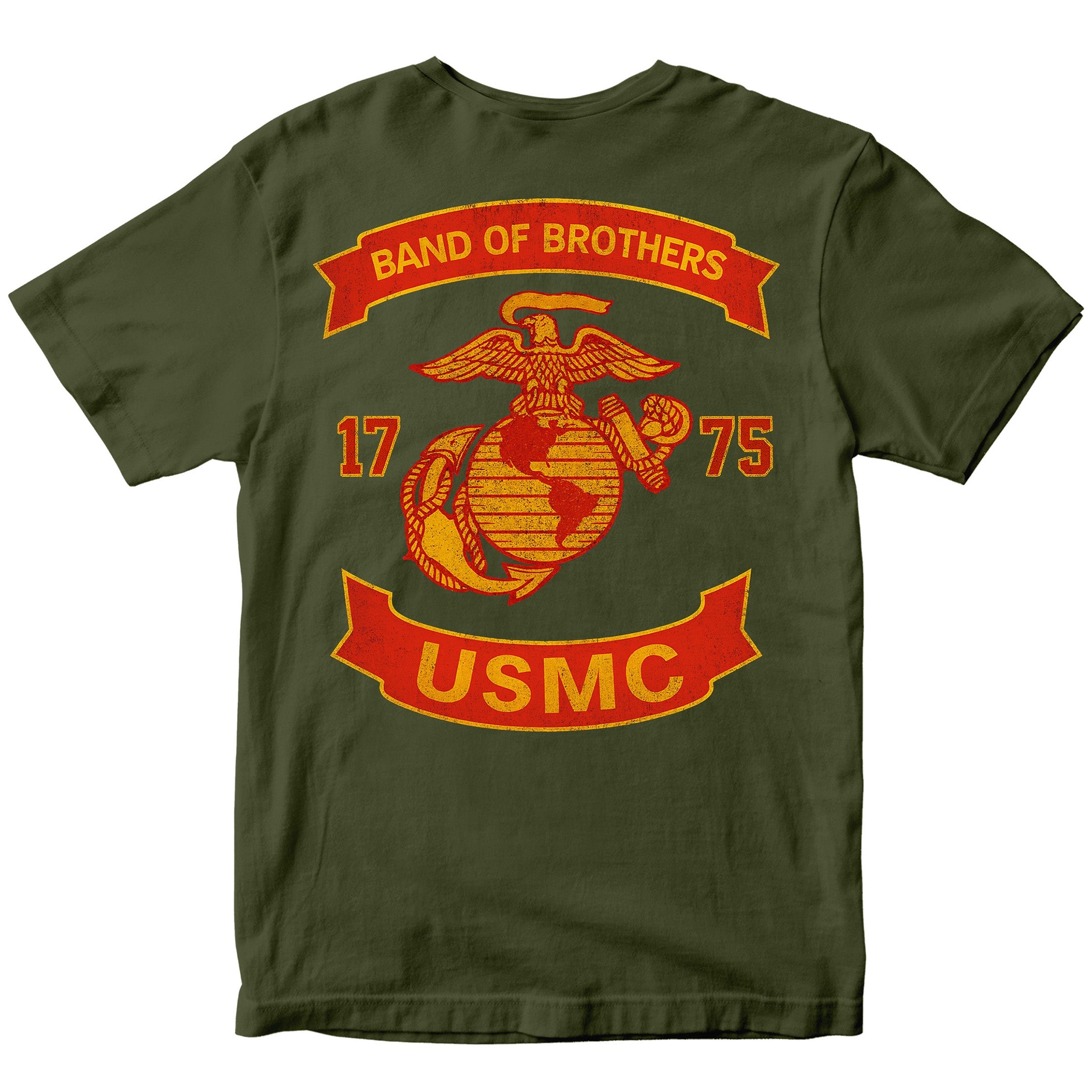 Green USMC T-shirt with large motorcycle club–style back graphic reading ‘Band of Brothers,’ ‘1775,’ and ‘USMC. Marines Motorcycle Tee