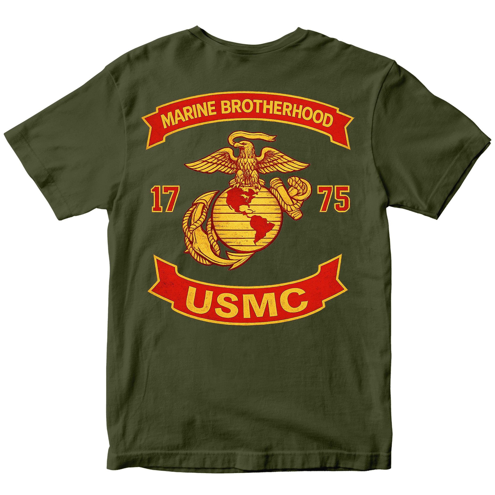 Green USMC T-shirt with large motorcycle club–style back graphic reading ‘Marine Brotherhood,’ ‘1775,’ and ‘USMC. Marines Motorcycle Tee