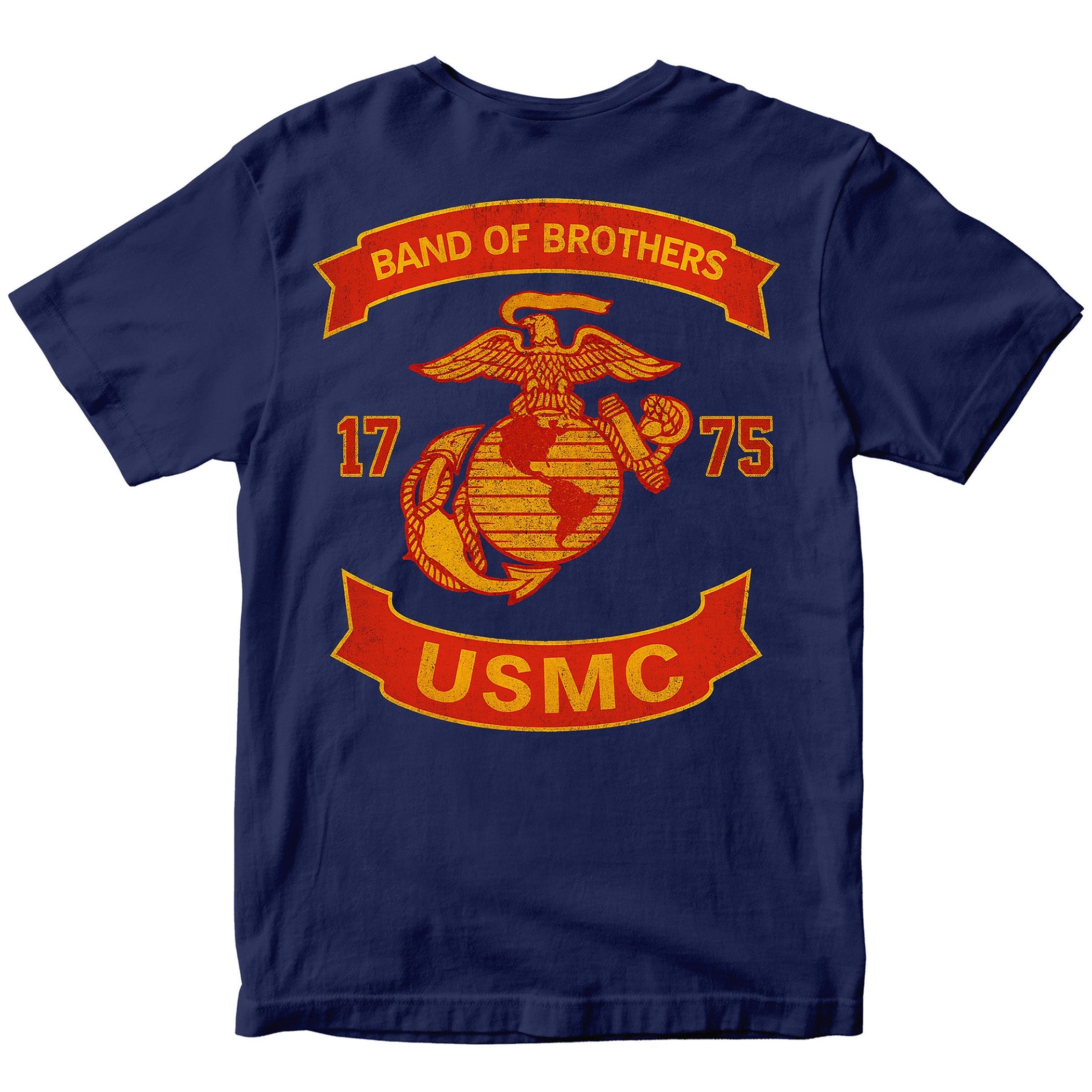 Navy Blue USMC T-shirt with large motorcycle club–style back graphic reading ‘Band of Brothers,’ ‘1775,’ and ‘USMC. Marines Motorcycle Tee