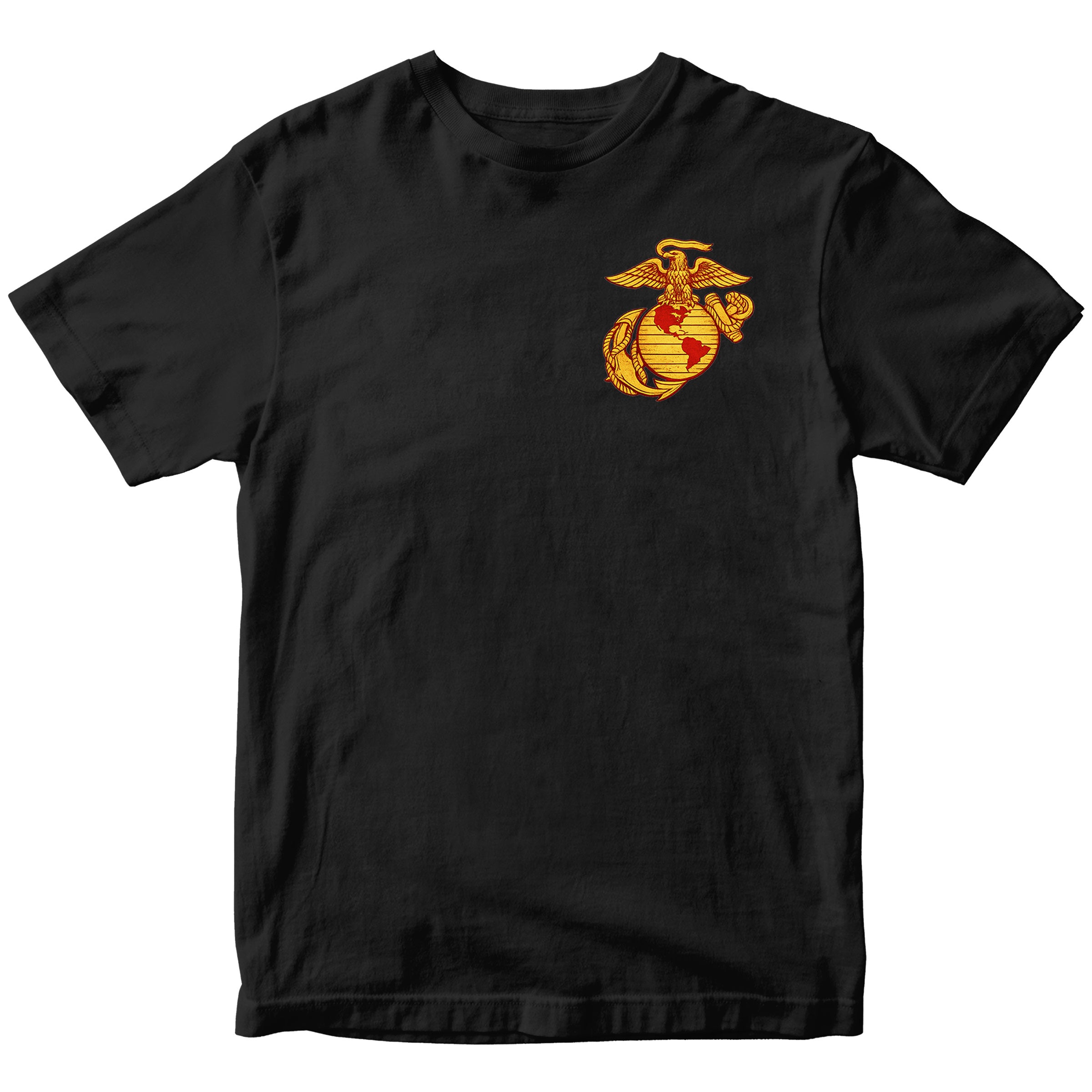 Black USMC T-shirt with large motorcycle club–style back graphic reading ‘Marine Brotherhood,’ ‘1775,’ and ‘USMC. Marines Motorcycle Tee