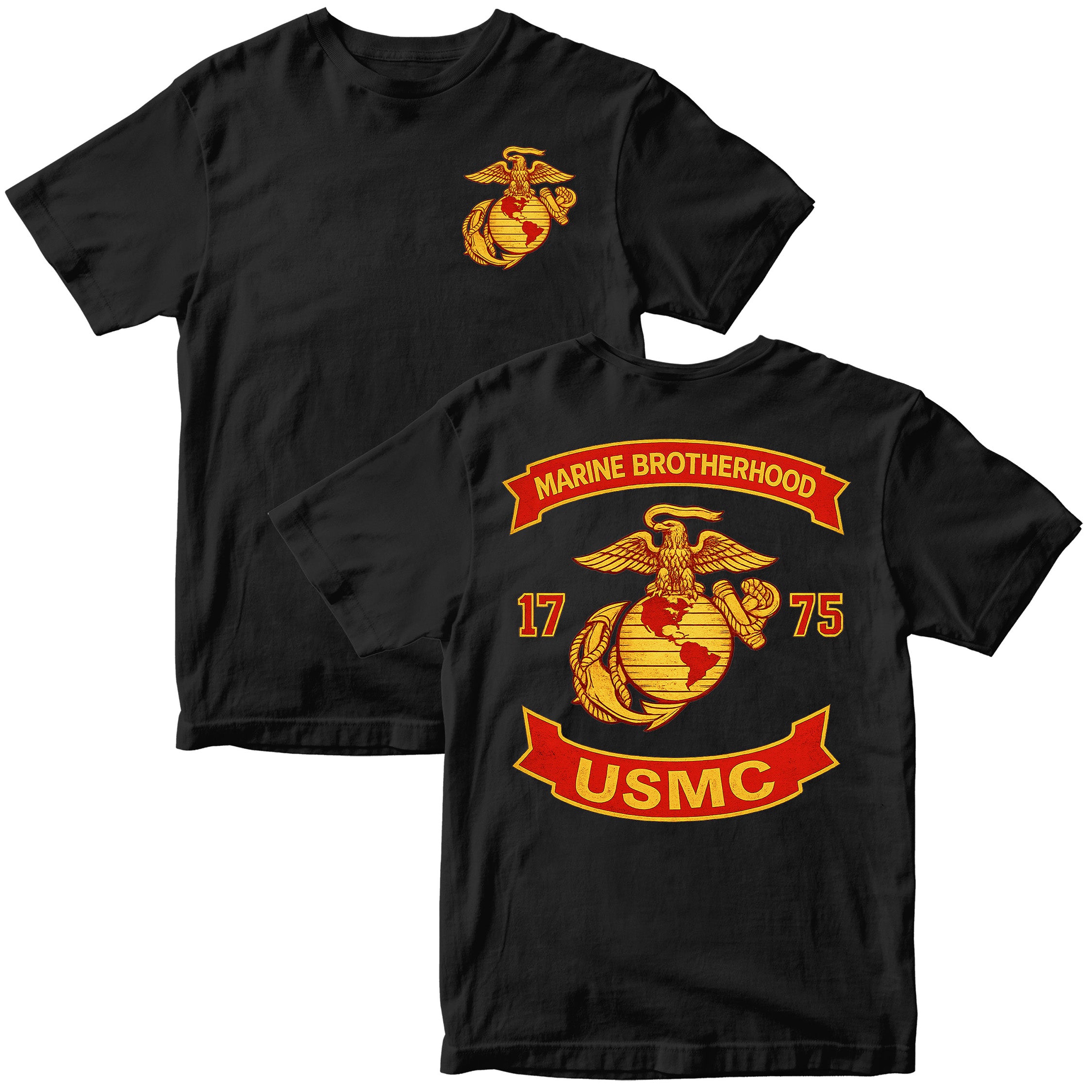 Black USMC T-shirt with large motorcycle club–style back graphic reading ‘Marine Brotherhood,’ ‘1775,’ and ‘USMC. Marines Motorcycle Tee